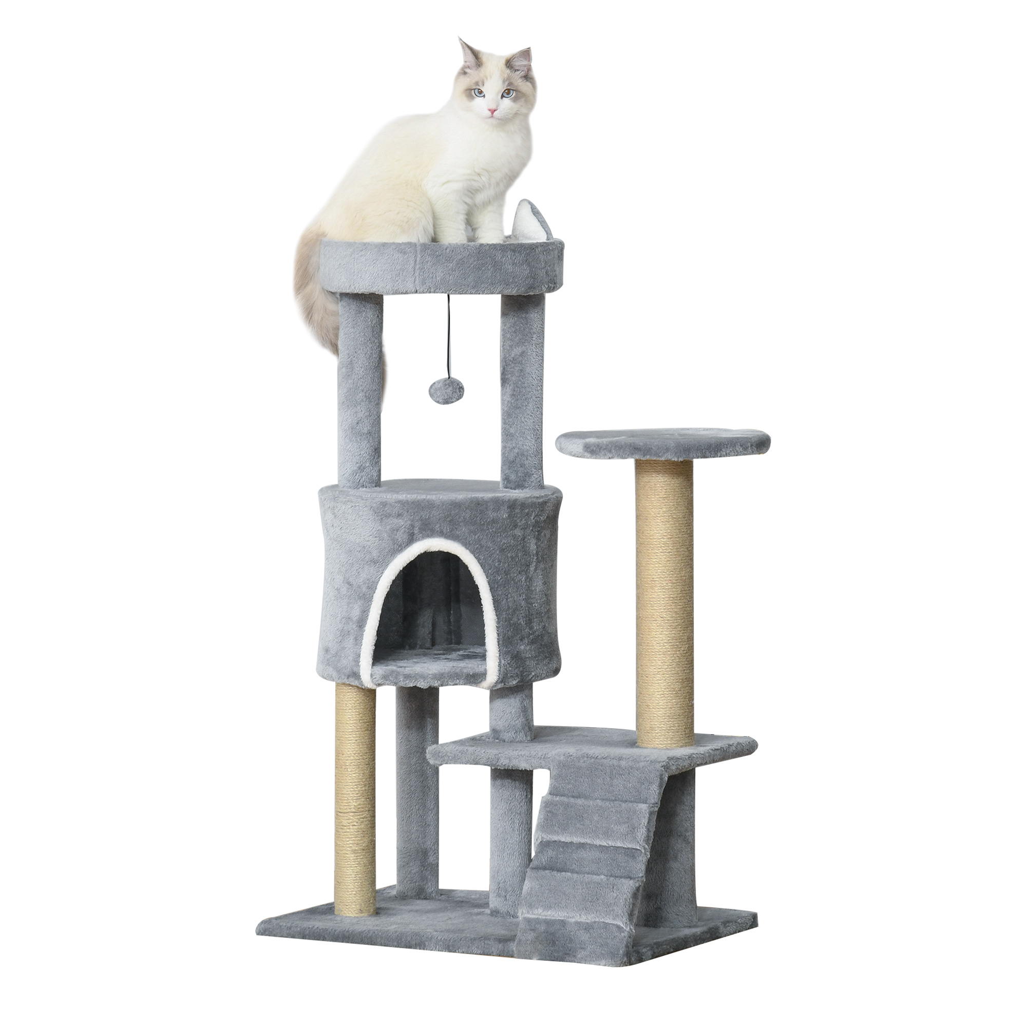 PawHut Árbol para Gatos de 5 Niveles Torre para Gatos con Plataformas Nido Postes de Yute Escalera y Bola Colgante Gris