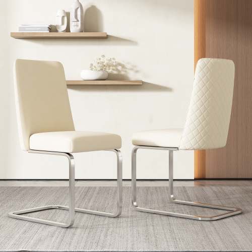 Set di 2 Sedie Imbottite in tessuto effetto velluto per Sala da Pranzo con Design Diamante sul Retro e Gambe di Supporto in Metallo, Beige