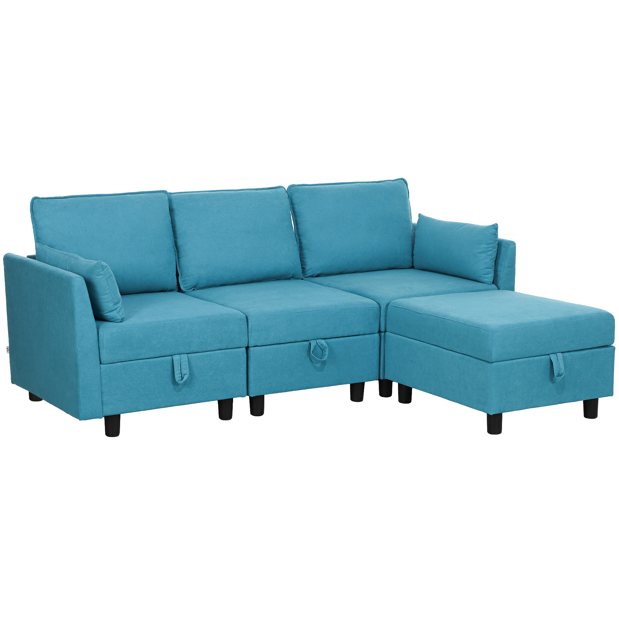 HOMCOM Divano Componibile Modulare 3 Posti con Pouf Poggiapiedi e Cuscini, Rivestimento in Flanella, Blu