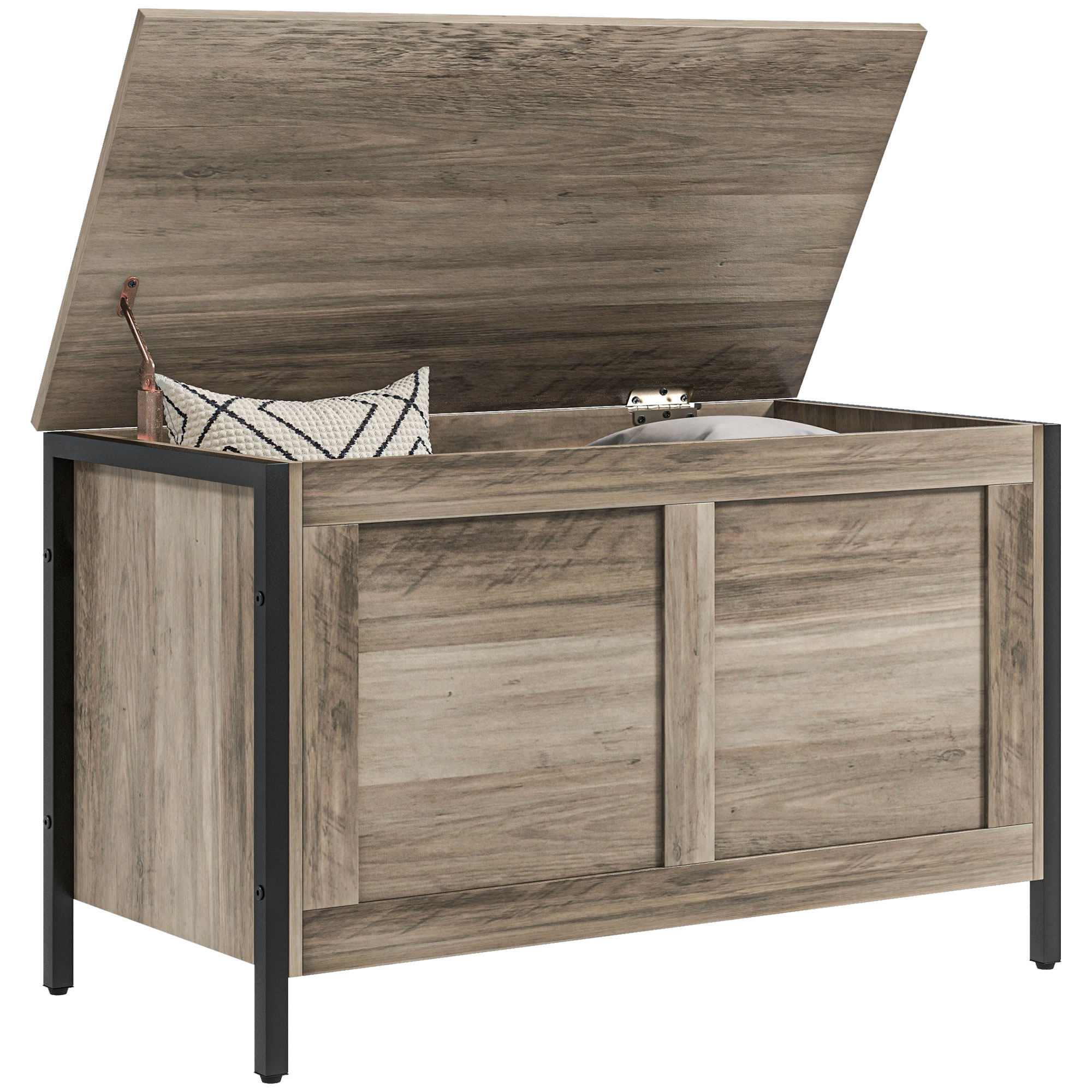 HOMCOM Baúl de Almacenaje para Dormitorio 95 L con Tapa Banco de Almacenaje con Bisagra de Seguridad 80x40x49 cm Grisáceo