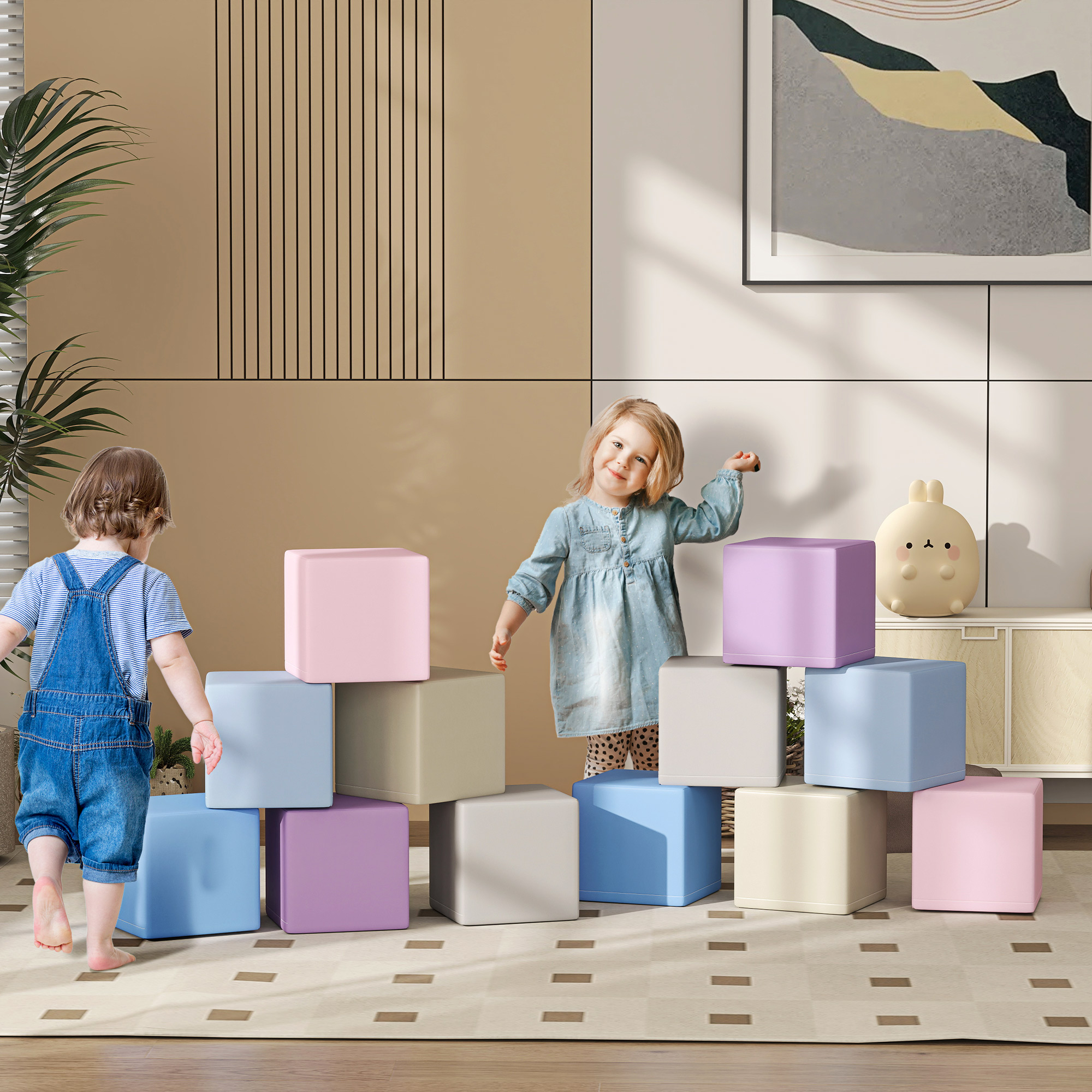 HOMCOM Zachte Bouwblokken 12 Stuks Kubussen Educatief Speelgoed voor Peuters 1-3 Jaar Veilig Makkelijk Schoon Te Maken Kunstleer | Aosom.nl