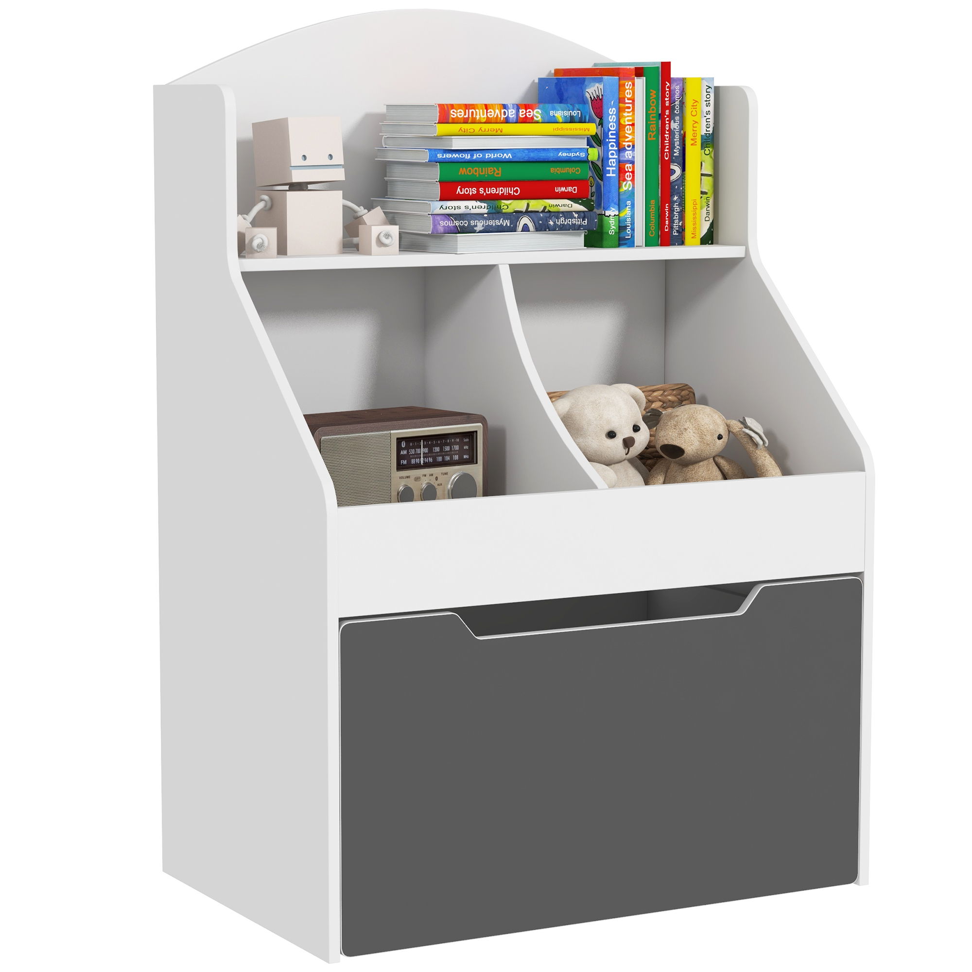 AIYAPLAY Libreria per Bambini a 2 Livelli con Cassetto su Ruote per Giochi e Libri, 62x40x88 cm, Bianco