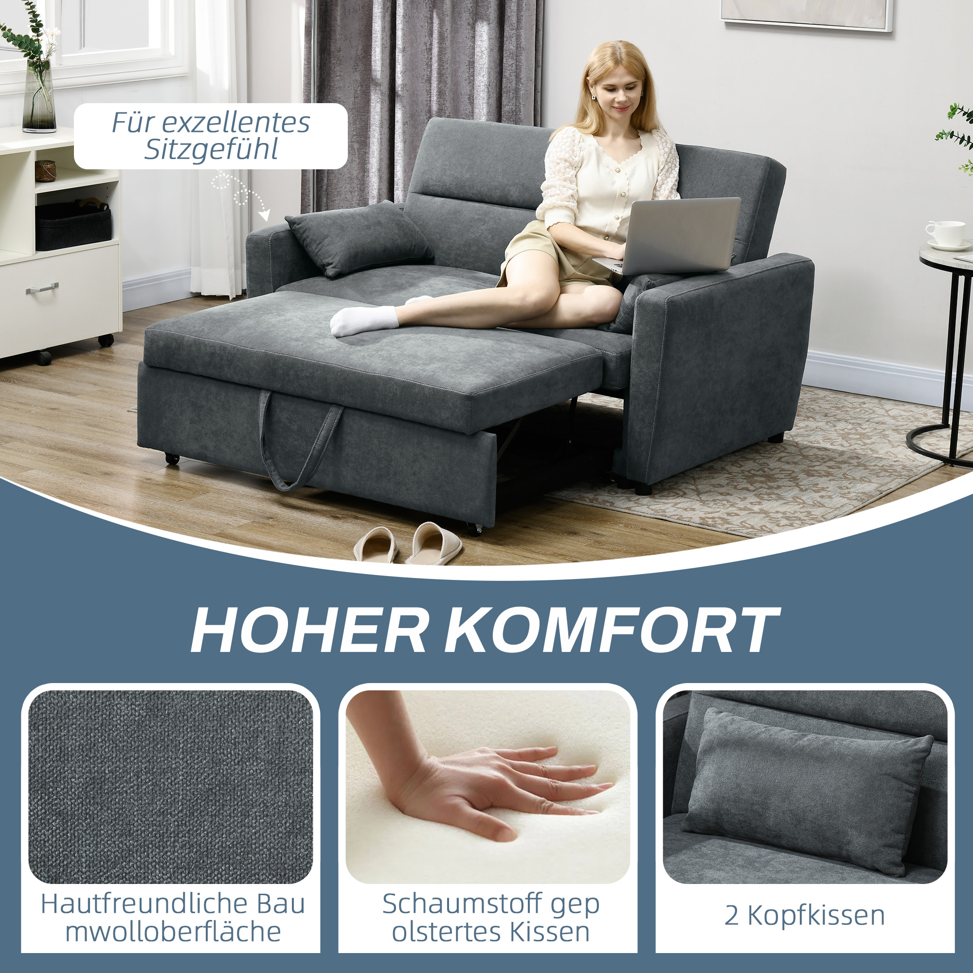 HOMCOM uitklapbare slaapbank, 2-zits, tot 200 kg, stevig houten frame, 155 x 90 x 88,5 cm, donkergrijs
