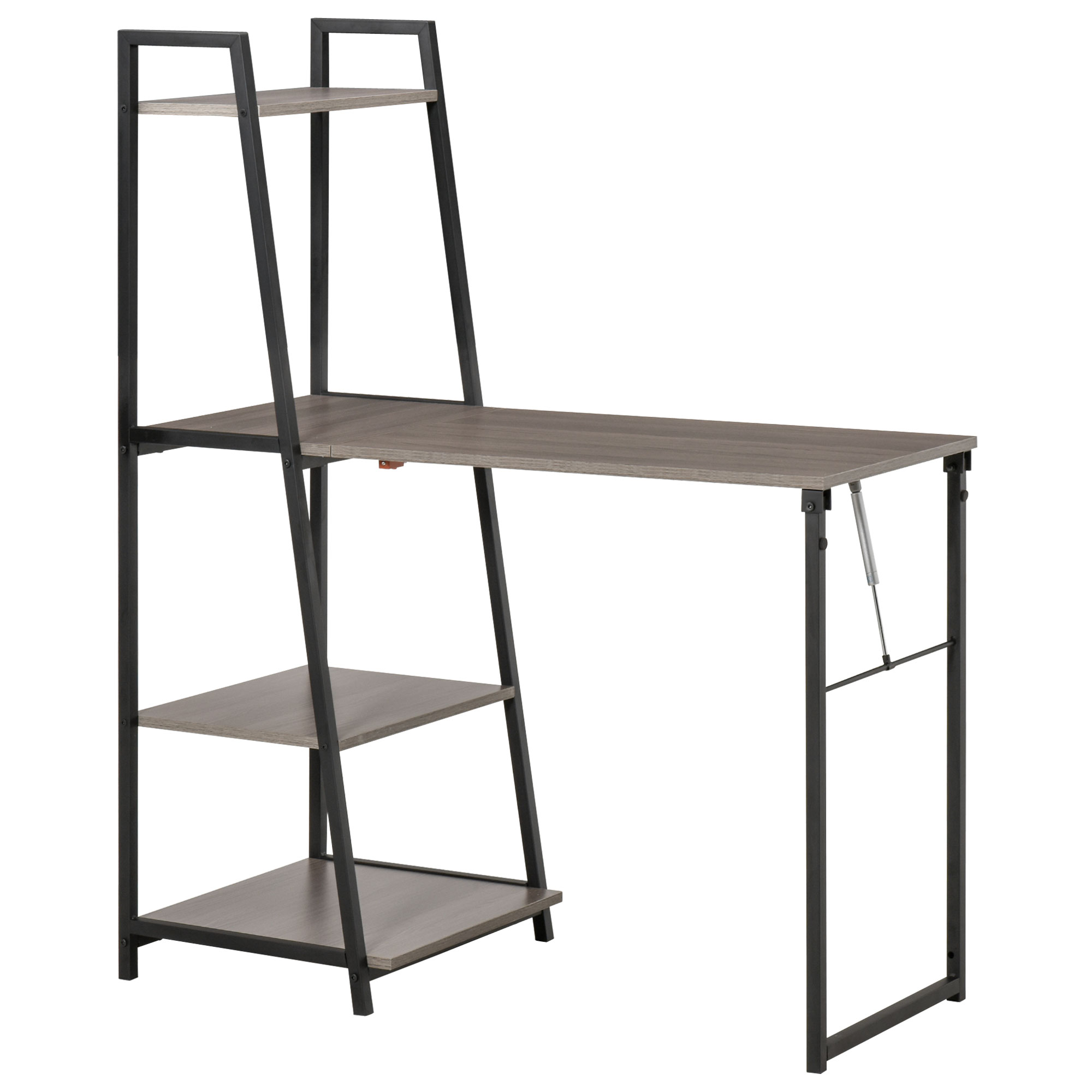 HOMCOM Scrivania Pieghevole con Libreria Salvaspazio a 4 Livelli in Metallo Nero e Legno Grigio, 106x48x128cm