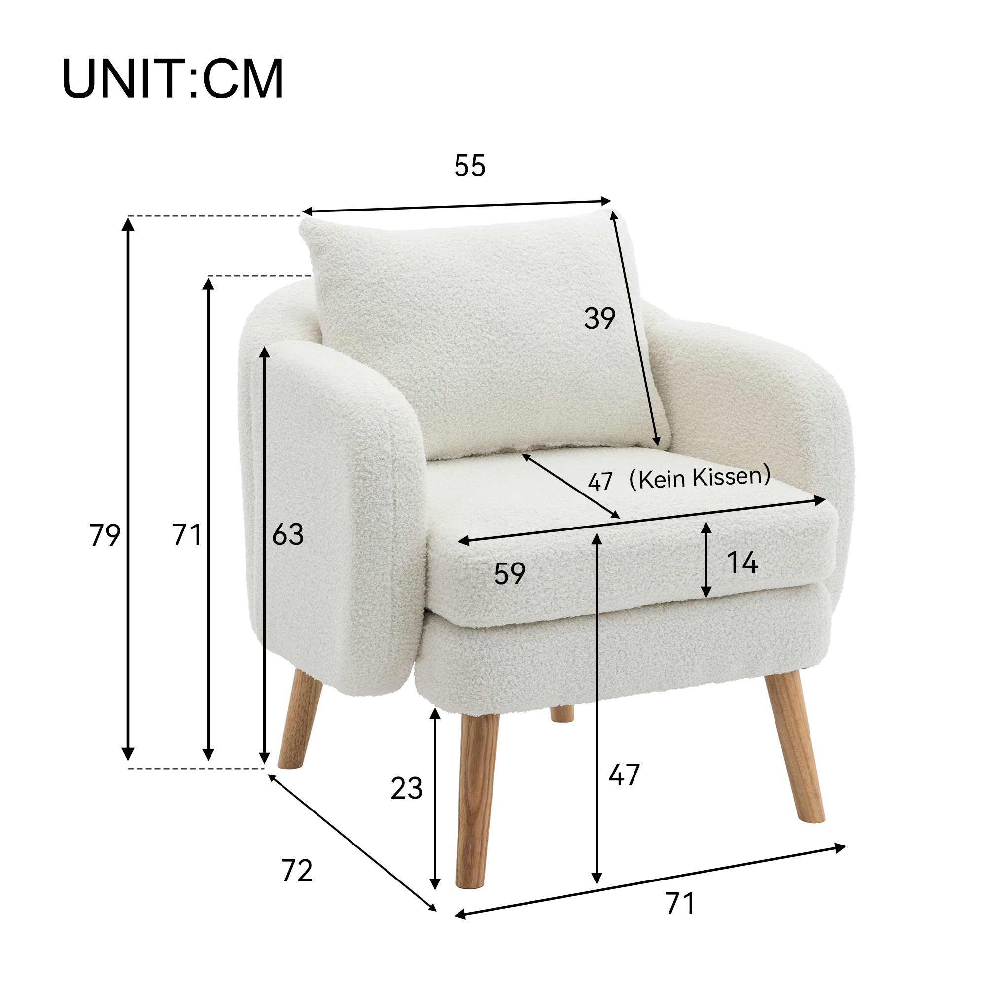 Fauteuil Rembourré POOLY Hjh LIVING - Tissu Teddy Et Structure Bois - Blanc