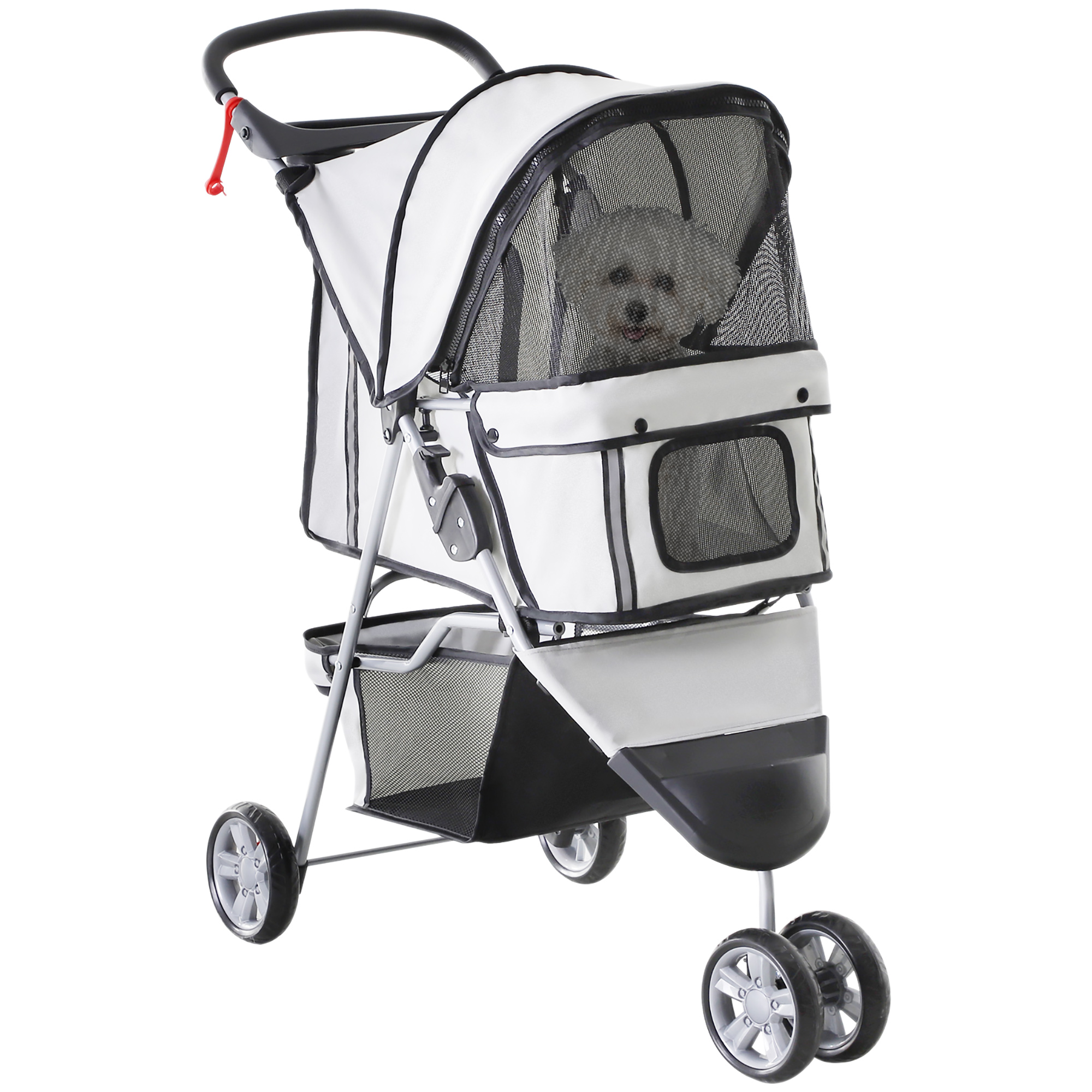PawHut Carrinho para Animais de Estimação Dobrável Carrinho para Cães e Gatos com Rodas Giratórias Cesto e Suporte para Copos 75x45x97cm Cinza
