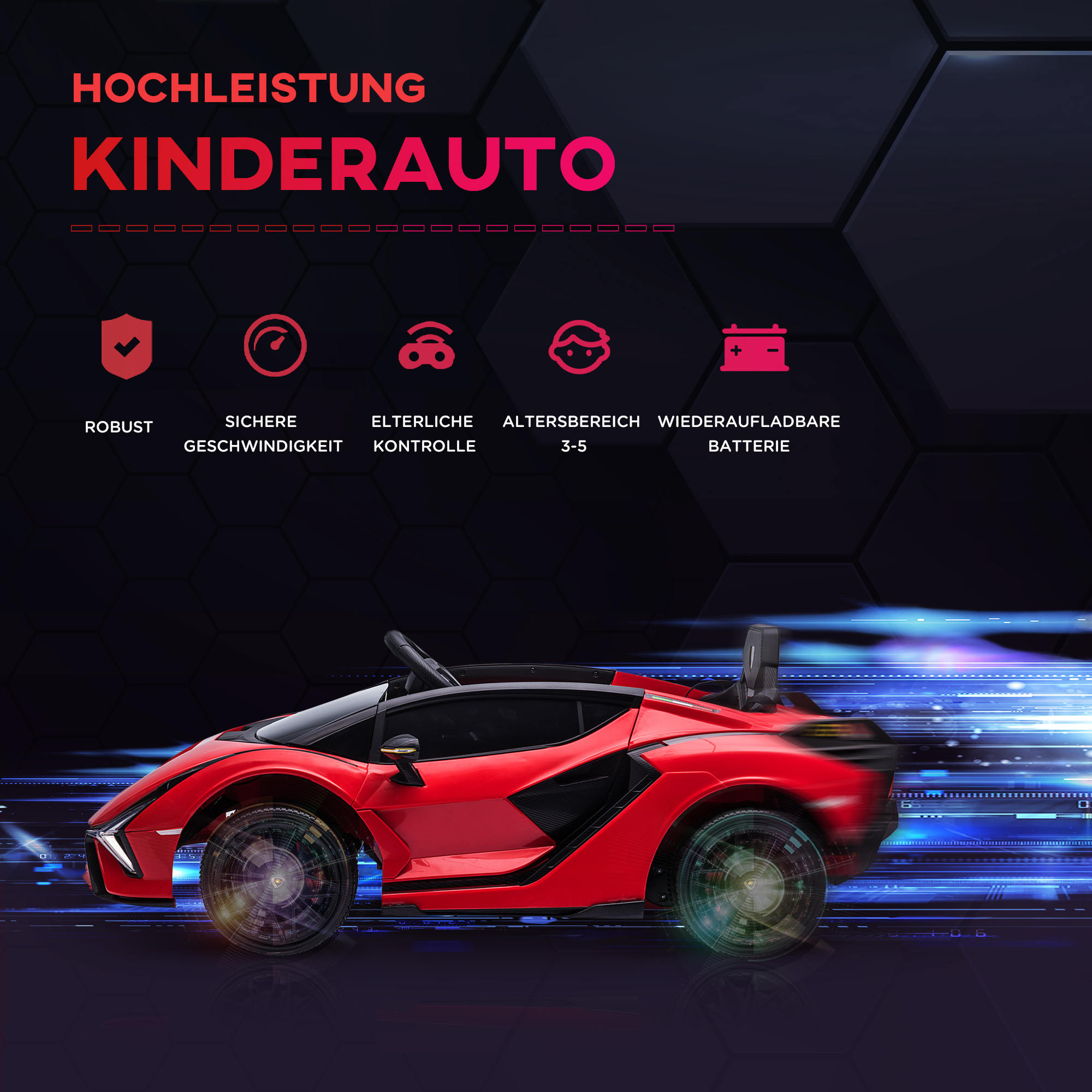 Laste sõiduauto 12V 2 sõidurežiimi Lamborghini SIAN maastur mänguauto elektriauto puldiga muusika (MP3/USB) tuled 37-60 kuud metall punane 108 x 62 x 40 cm