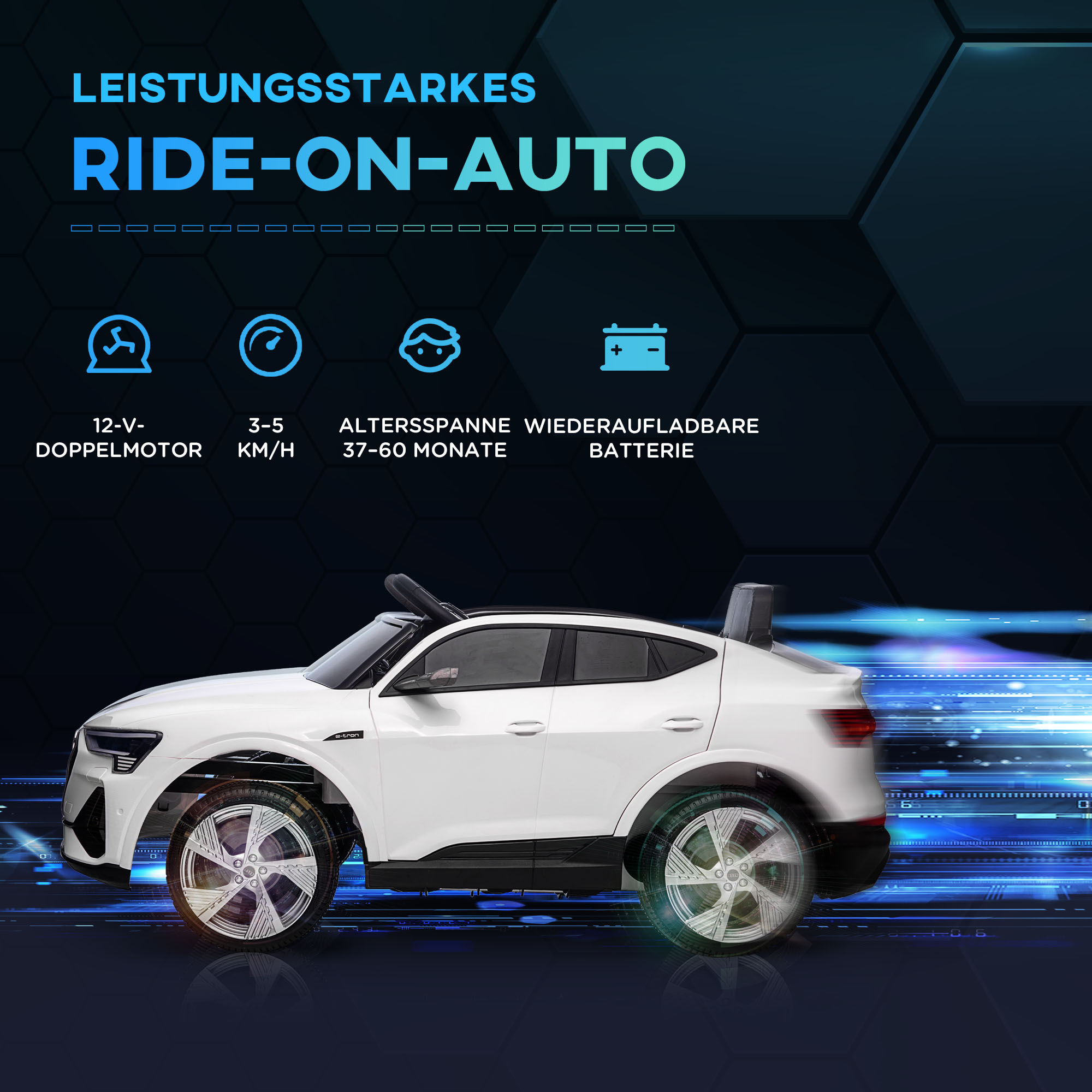 Elektriline lasteauto 12V Audi E-tron elektriauto puldiga, turvavöö ja muusikafunktsiooniga (MP3/USB/TF), lastesõiduk 3-5 aastaks, 3-5 km/h, valge