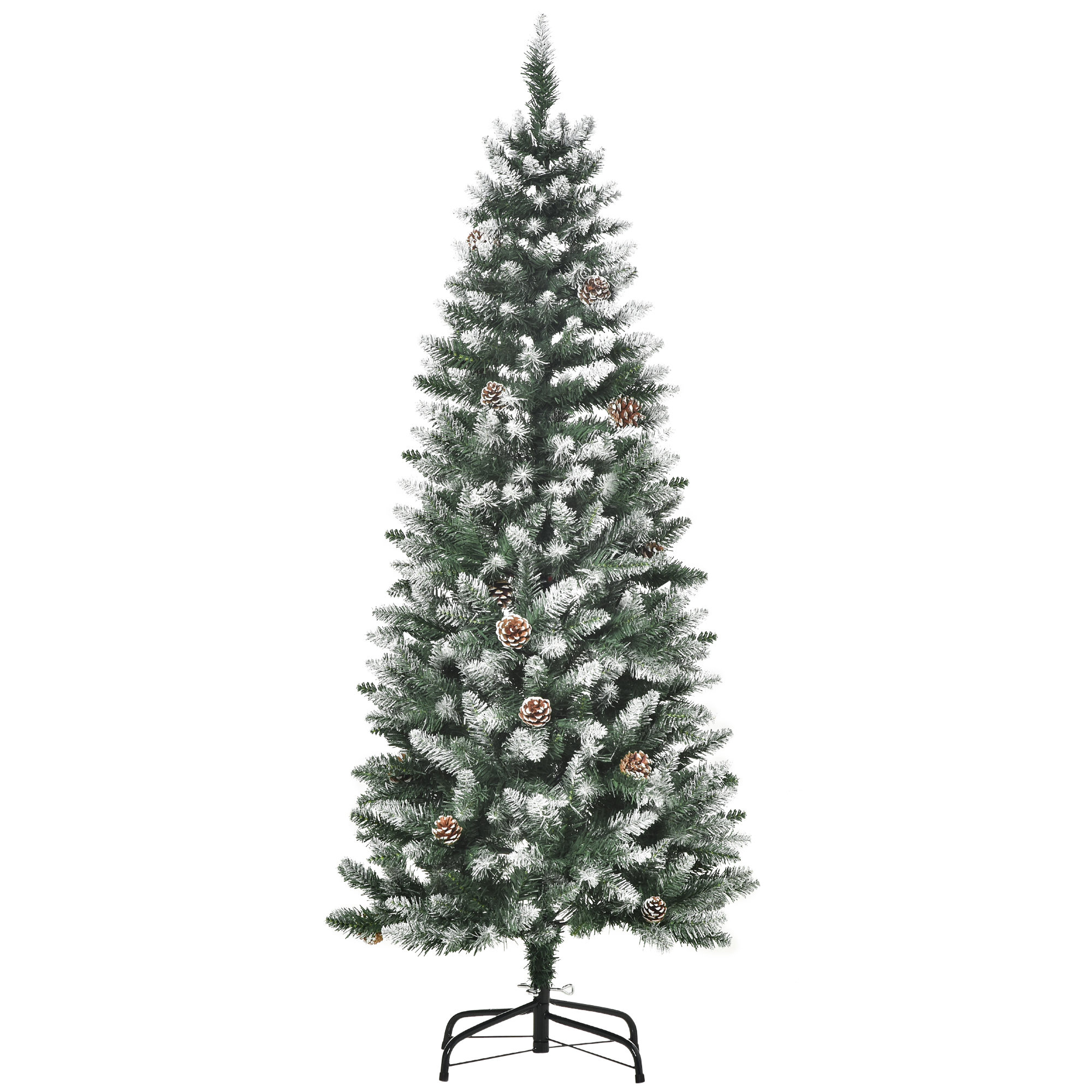 HOMCOM Albero di Natale Innevato da 150 cm con 464 Rami e 28 Pigne in Plastica e Metallo, Verde e Bianco