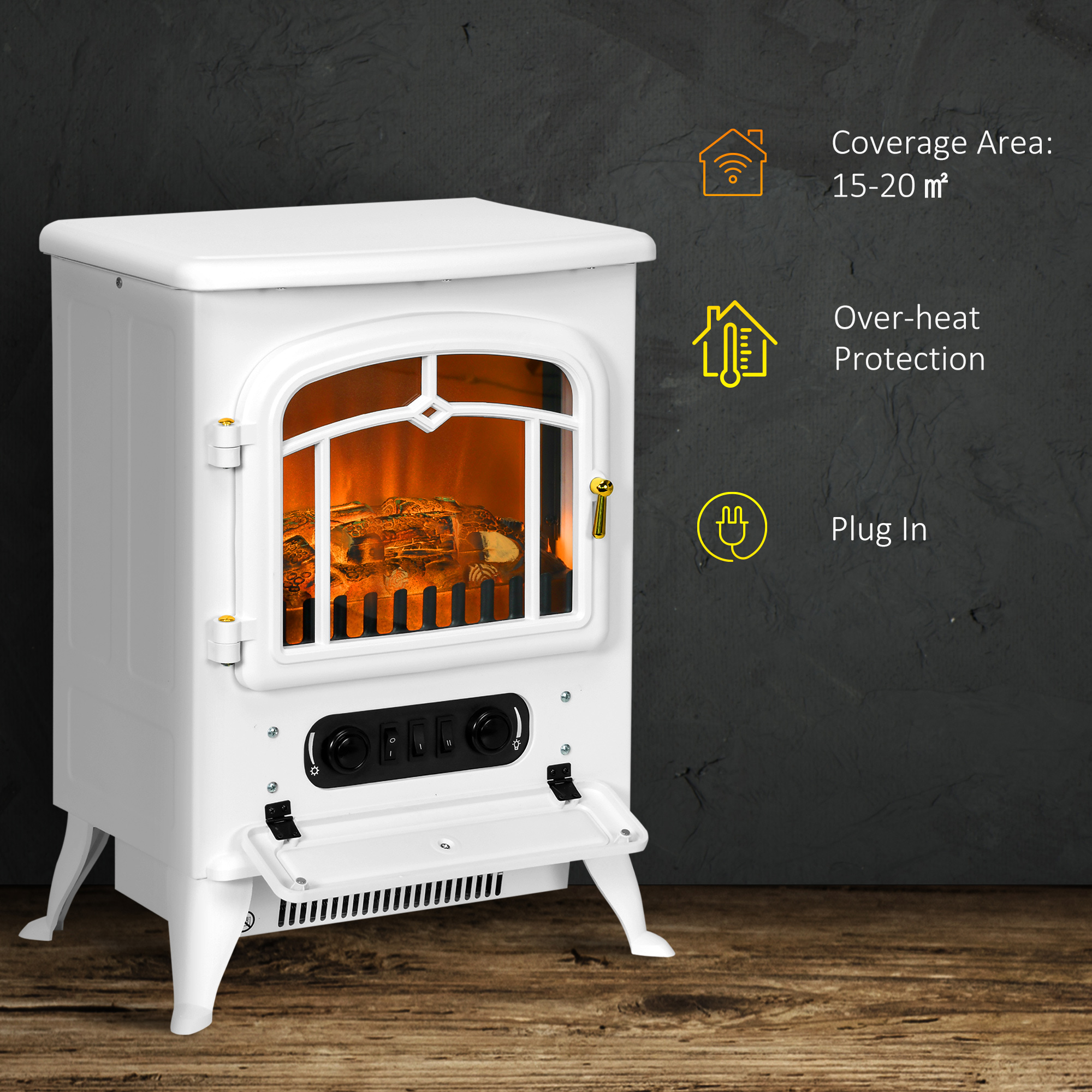HOMCOM Modern Electric Fireplace, Freestanding Electric Stove Fire with Flame Effect, 950/1850W, White 4