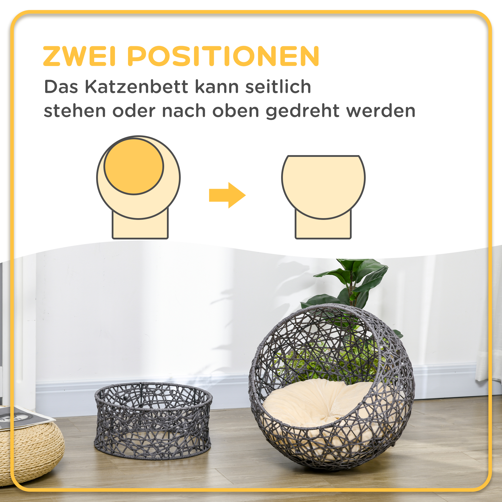 Kassikorv, kassi koobas koos padjaga, 2-osaline, 50 cm x 50 cm x 60 cm, kreemvalge + antratsiithall