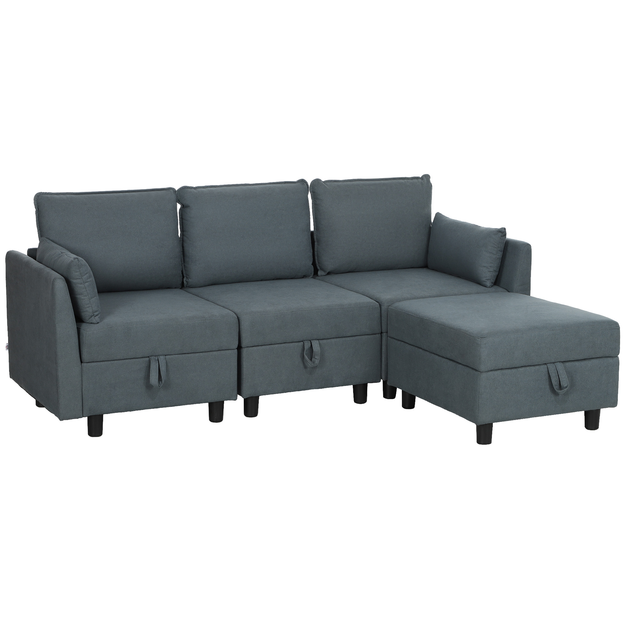 HOMCOM Divano Componibile Modulare 3 Posti con Pouf Poggiapiedi e Cuscini, Rivestimento in Flanella, Grigio Scuro