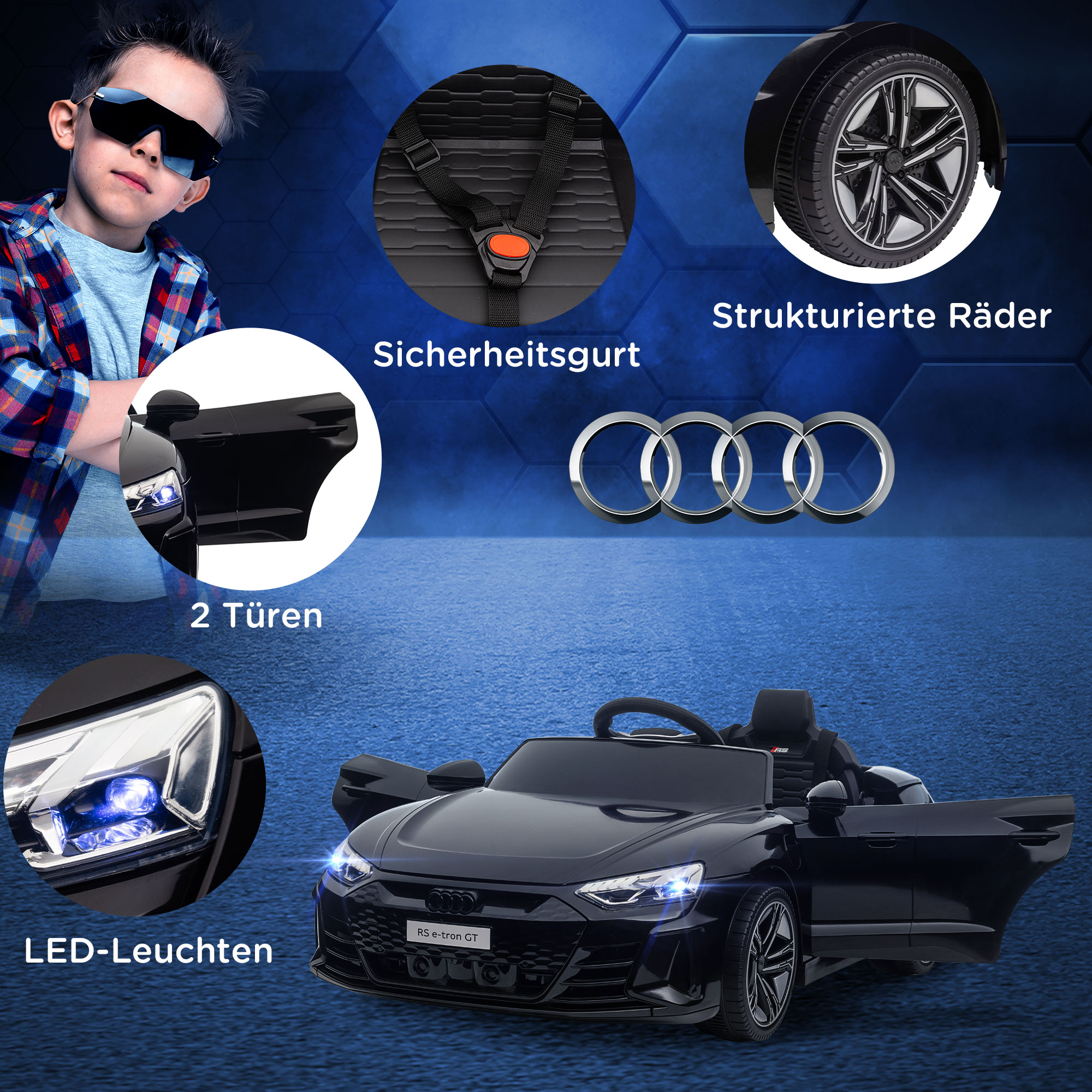 Laste elektriauto, Audi litsentsiga, turvavööga, puldiga, tuledega, must, 103 x 58 x 41 cm