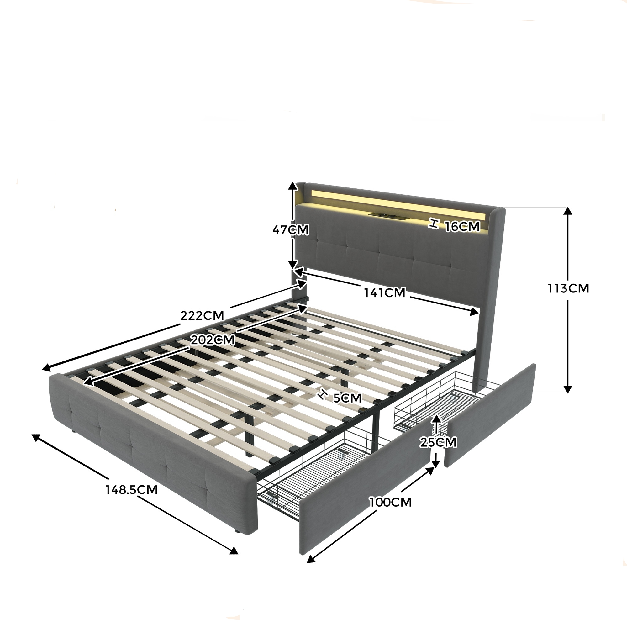 NNJN Letto imbottito 160 x 200 cm, con funzione di ricarica USB, testiera e illuminazione a LED e 4 cassetti, letto matrimoniale, rete a doghe in legno (beige (con materasso), 160 x