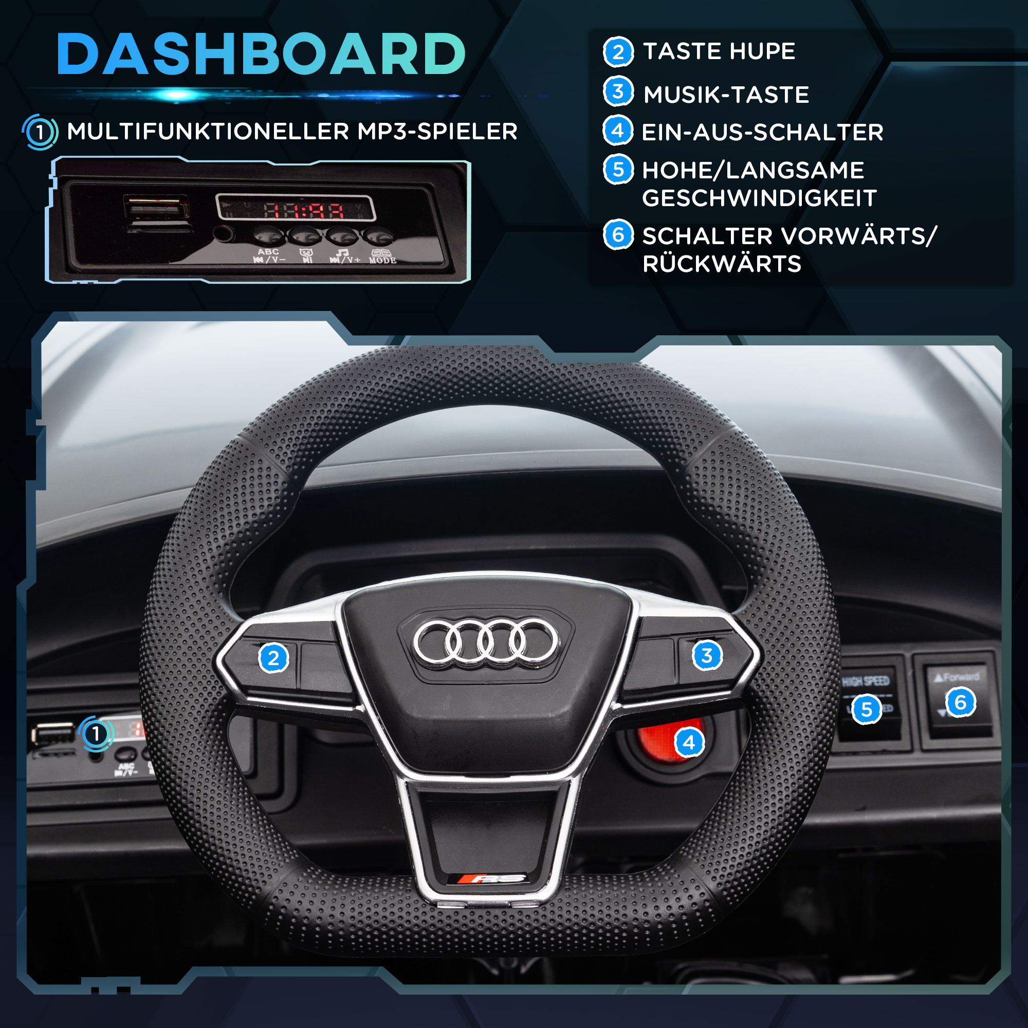 Laste elektriauto, Audi litsentsiga, turvavööga, puldiga, tuledega, must, 103 x 58 x 41 cm