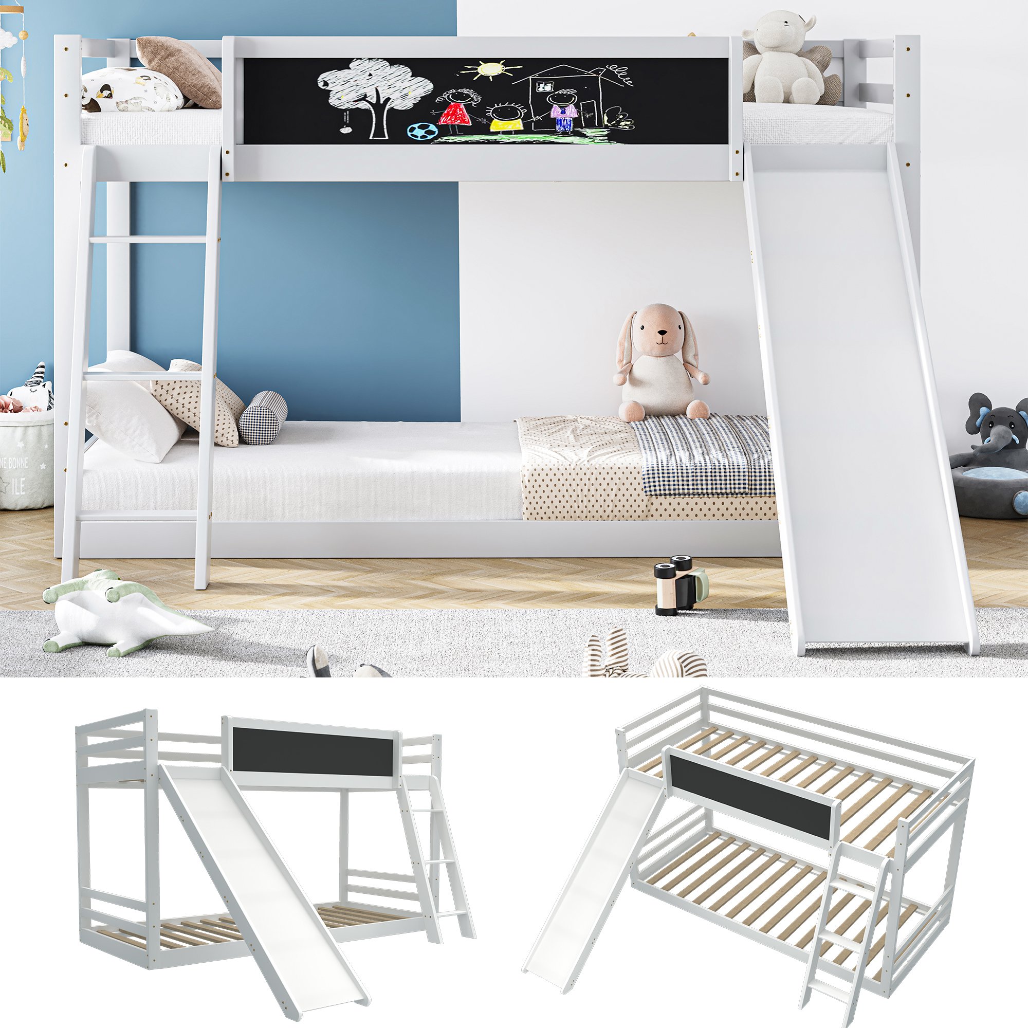 Lettino A Castello 140x200 Cm Con Scrivania E Ripiani - Letto A Soppalco In Legno Di Pino, Bianco