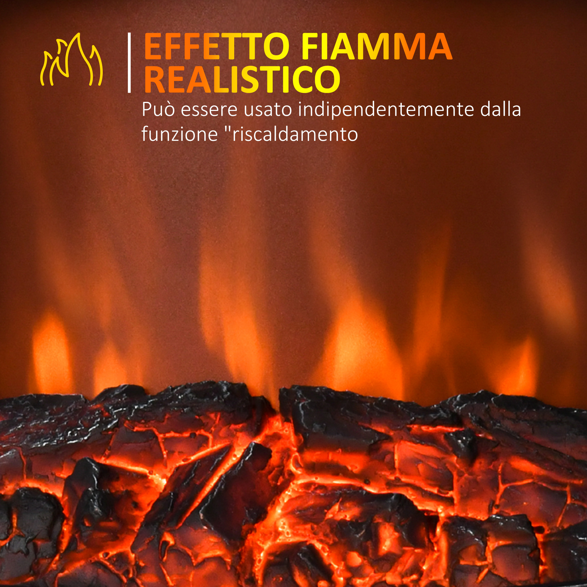 HOMCOM Camino Elettrico PTC 1000W/2000W – Effetto Fiamma LED, Termostato 10-49°C, Timer 8h, Telecomando, Per Ambienti Fino A 25m²
