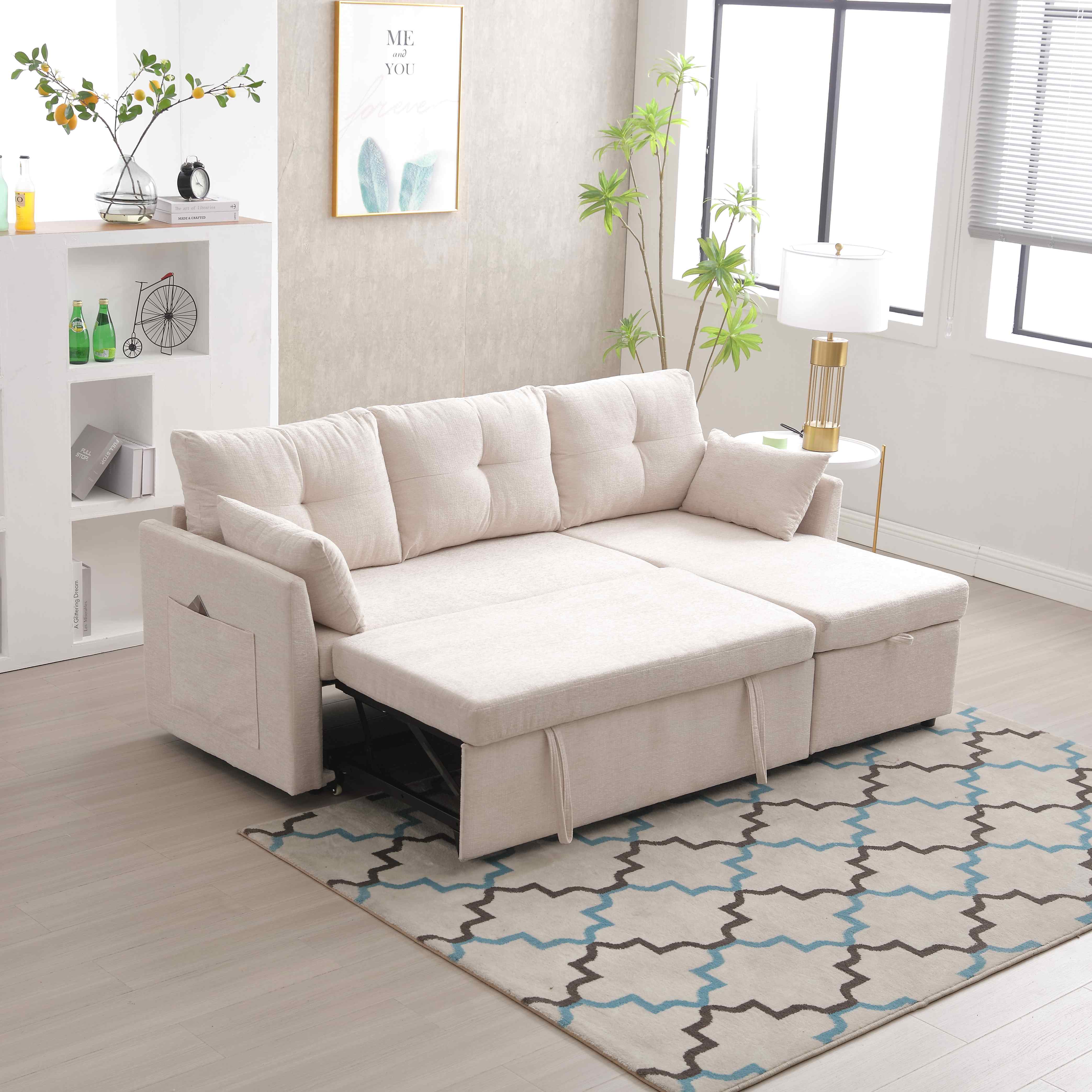 Image of Divano Componibile a L in Chenille, Divano letto reclinabile estraibile convertibile, con sedili portaoggetti, Beige cod005
