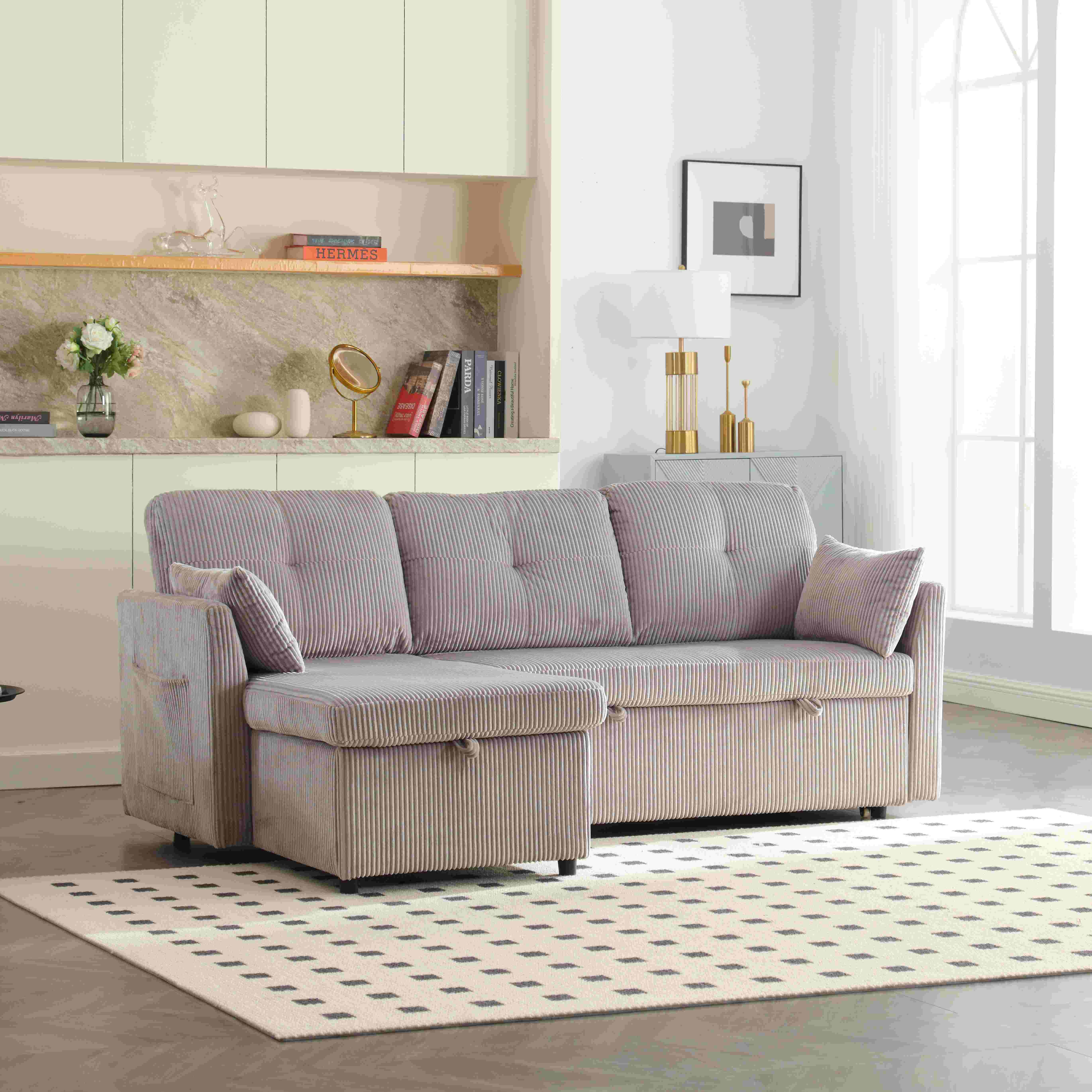 Canapé en velours en forme de L, canapé-lit convertible extensible avec sièges de rangement, Gris clair