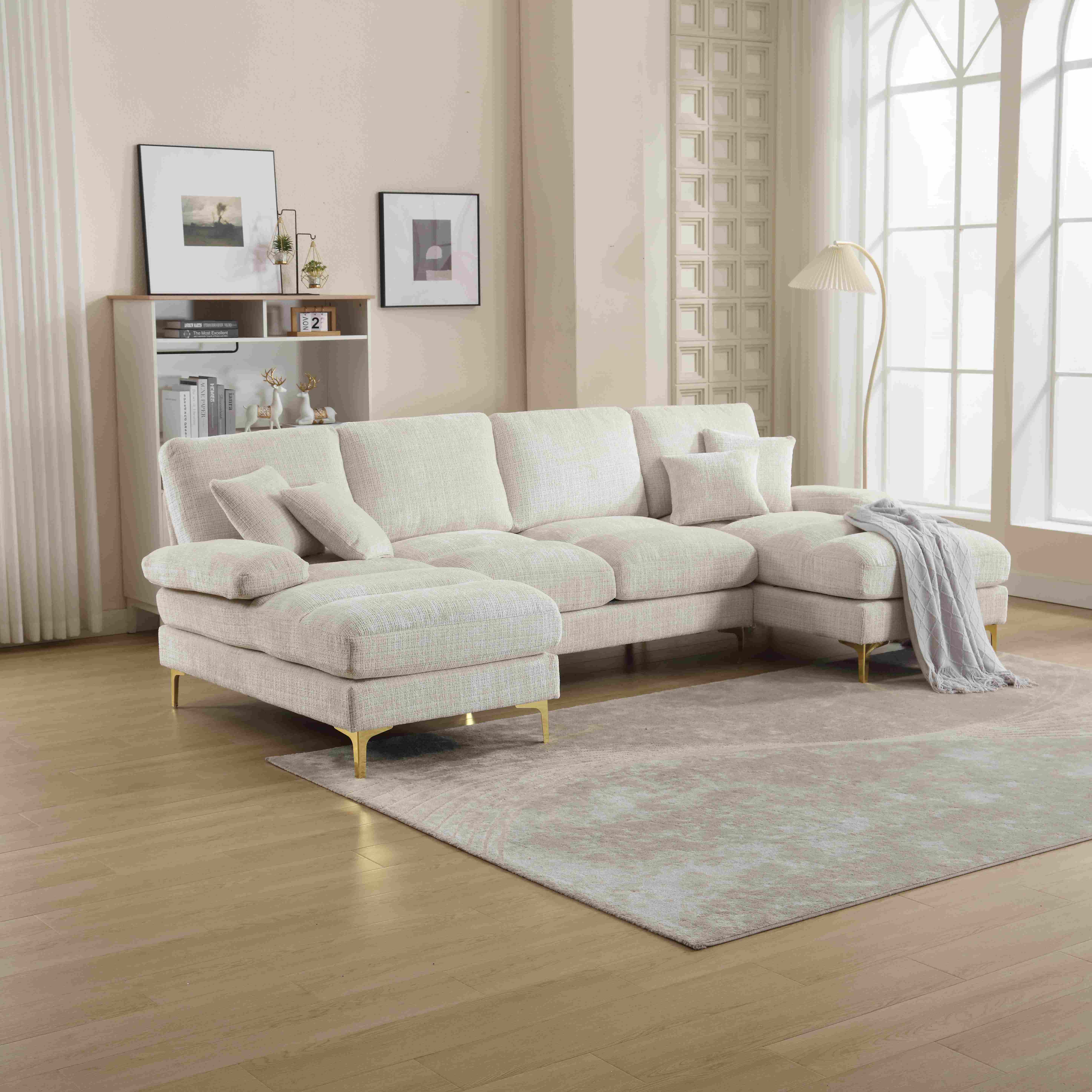 Grand Canapé d'Angle en Chenille Moderne en Forme de U Déhoussable, Pieds en Métal, Beige