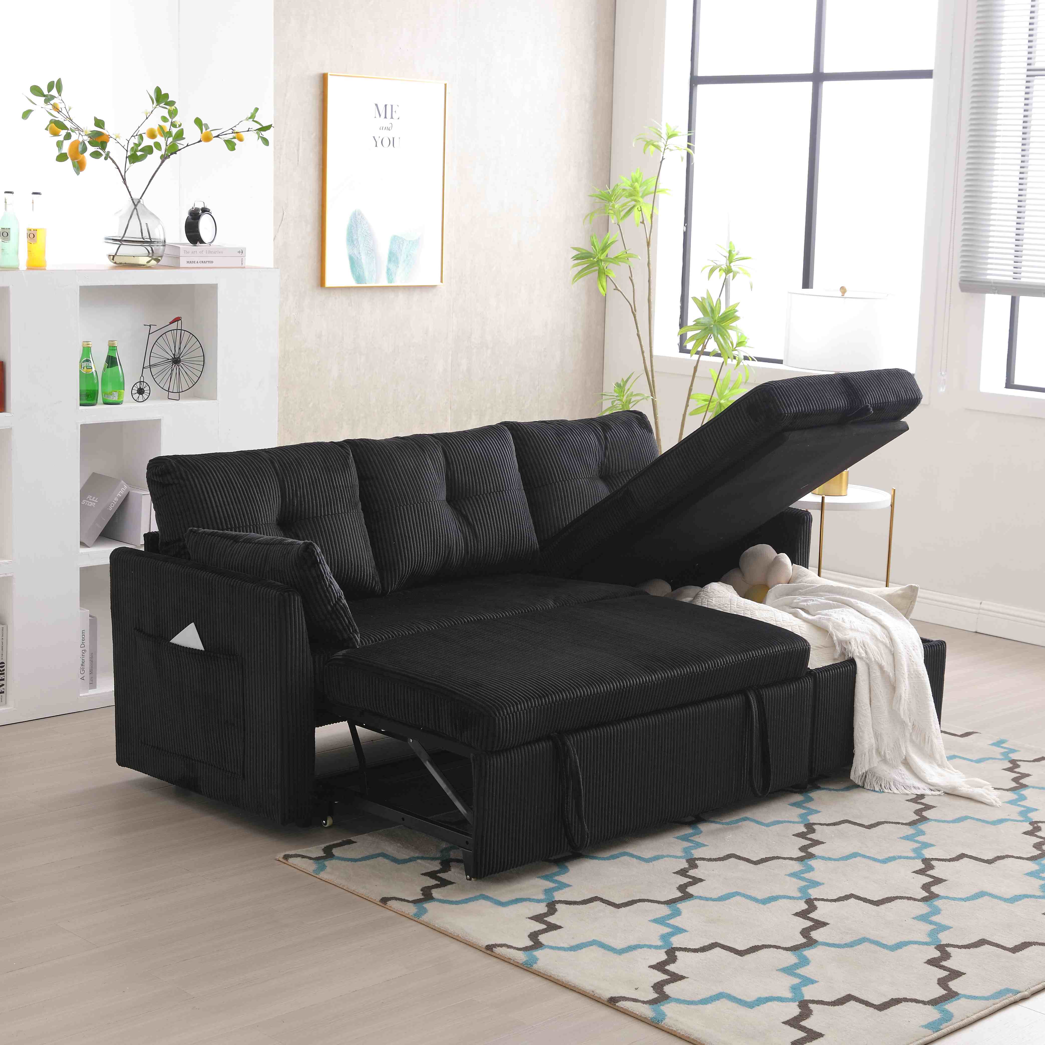 Canapé en velours en forme de L, canapé-lit convertible extensible avec sièges de rangement, Noir