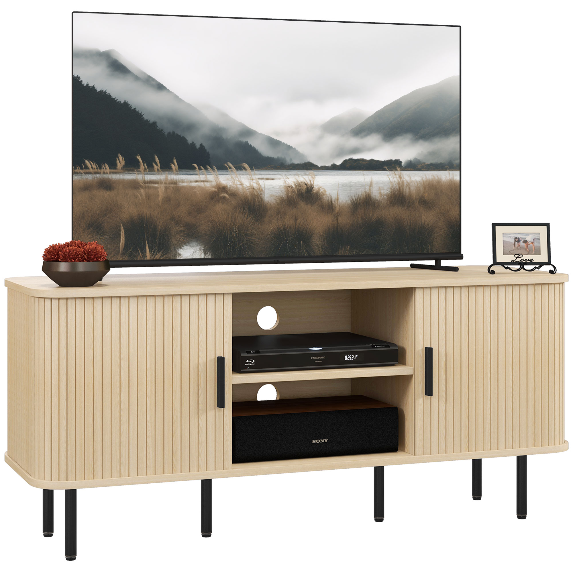 HOMCOM Mesa de TV con 2 Puertas Correderas de Tambor 2 Estantes Abiertos para Televisores de 55 Pulgadas 120x40x55 cm Roble