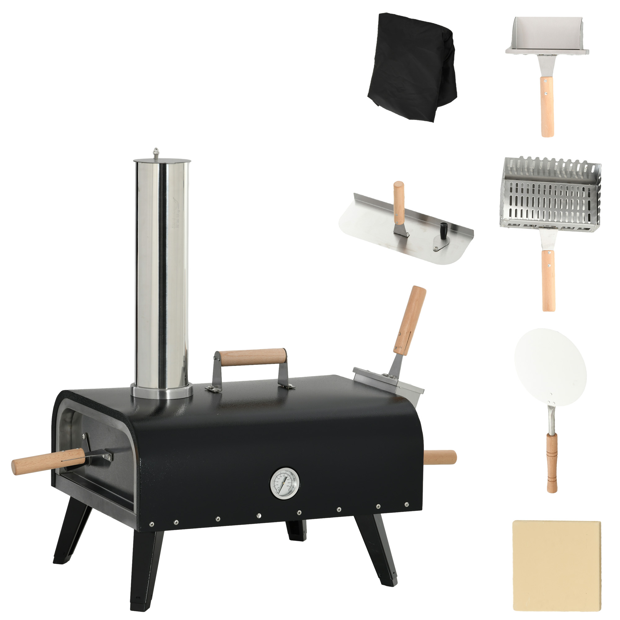 Outsunny Forno per Pizza Pieghevole e Portatile con Pala e Pietra, in Acciaio e Legno, 81x40x72 cm, Nero Aosom