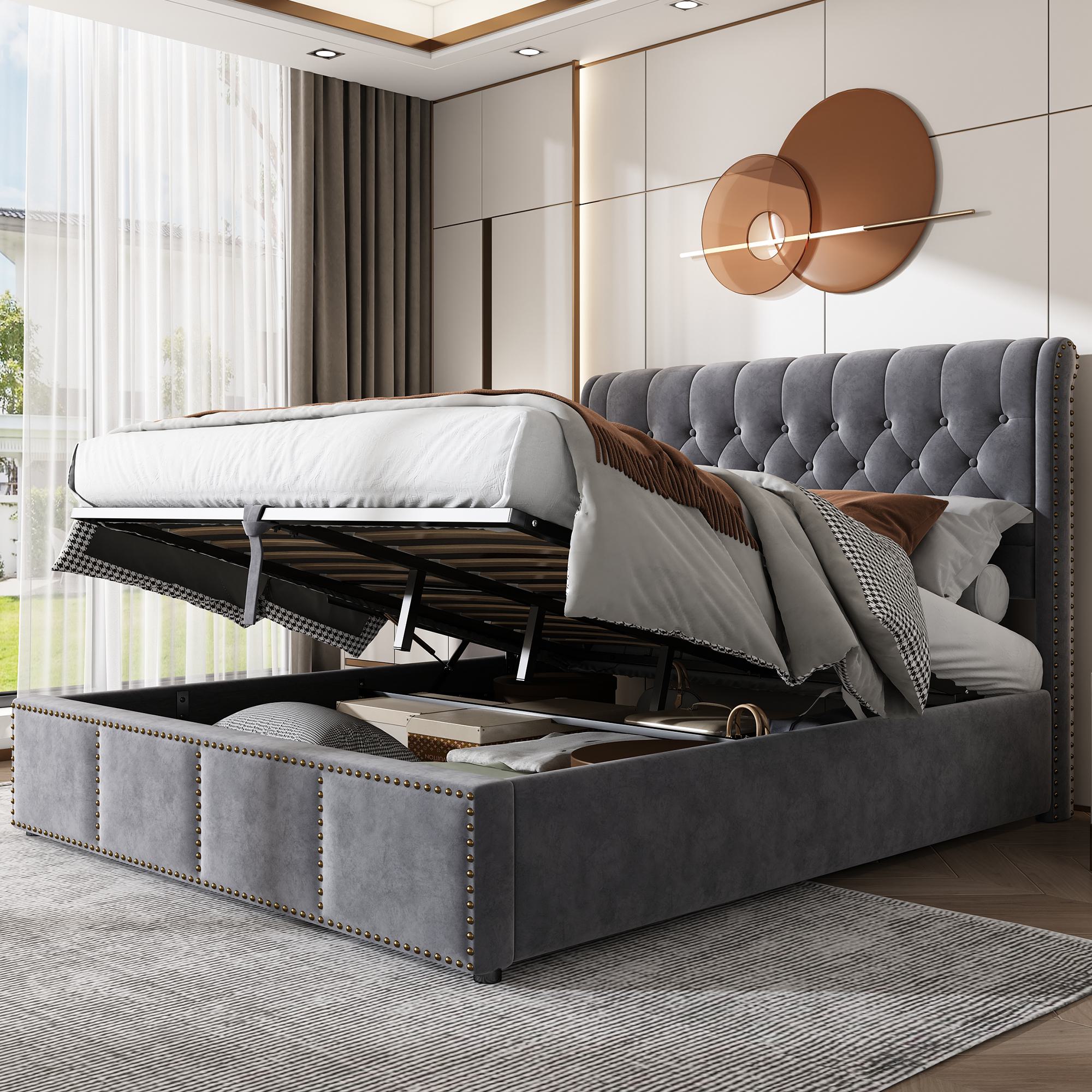 Upholstered Double Bed with Hydraulic Storage, Grey | Aosom UK