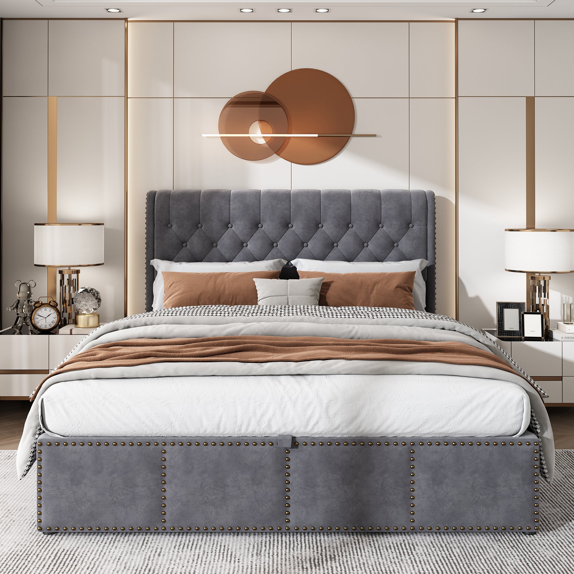Upholstered Double Bed with Hydraulic Storage, Grey | Aosom UK