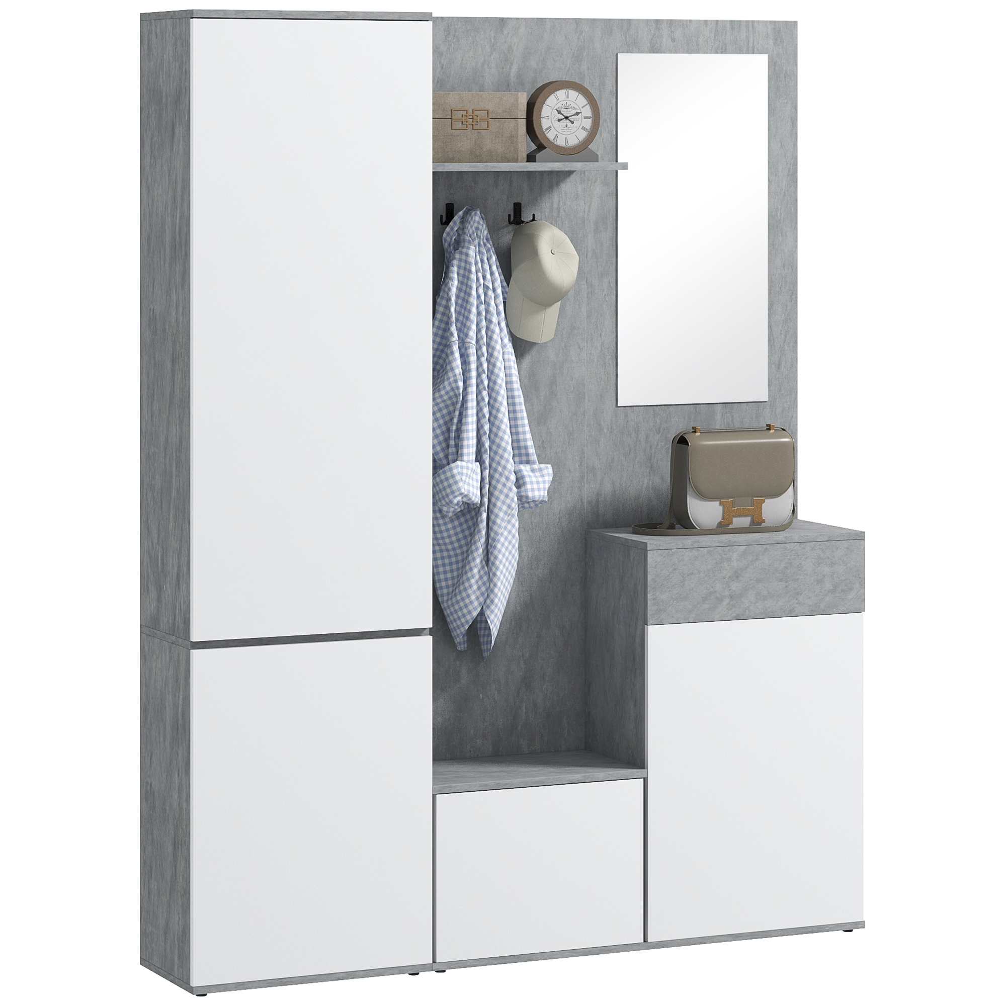 HOMCOM Mobile da Ingresso 4 in 1 con Specchio, Ganci e Ripiani Interni, in Legno, 145x29x184 cm, Grigio e Bianco