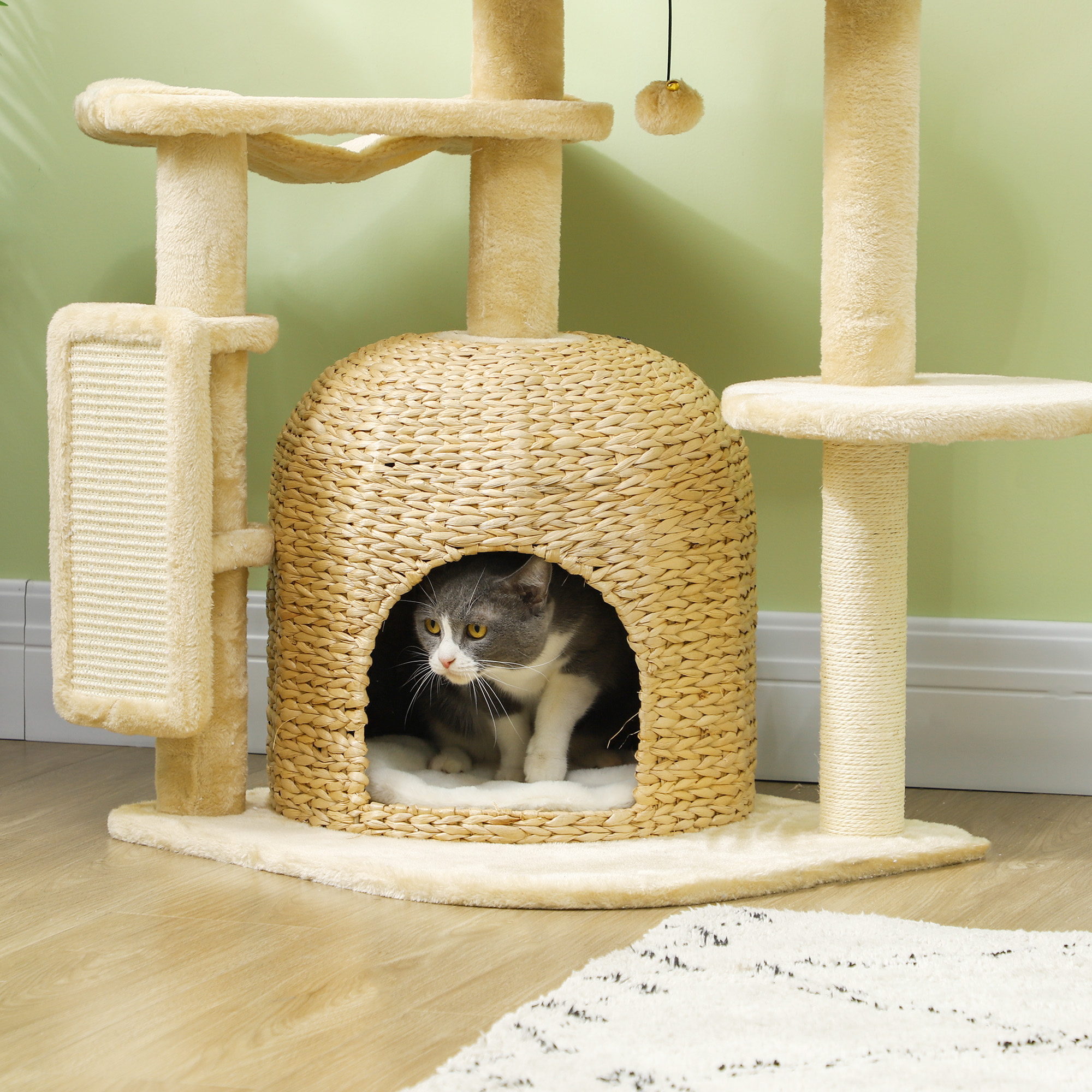 PawHut Krabpaal om te klimmen, hoogte 133 cm, krabpaal, 2 nissen, platforms, 5 sisal-kussens, natuur, wit