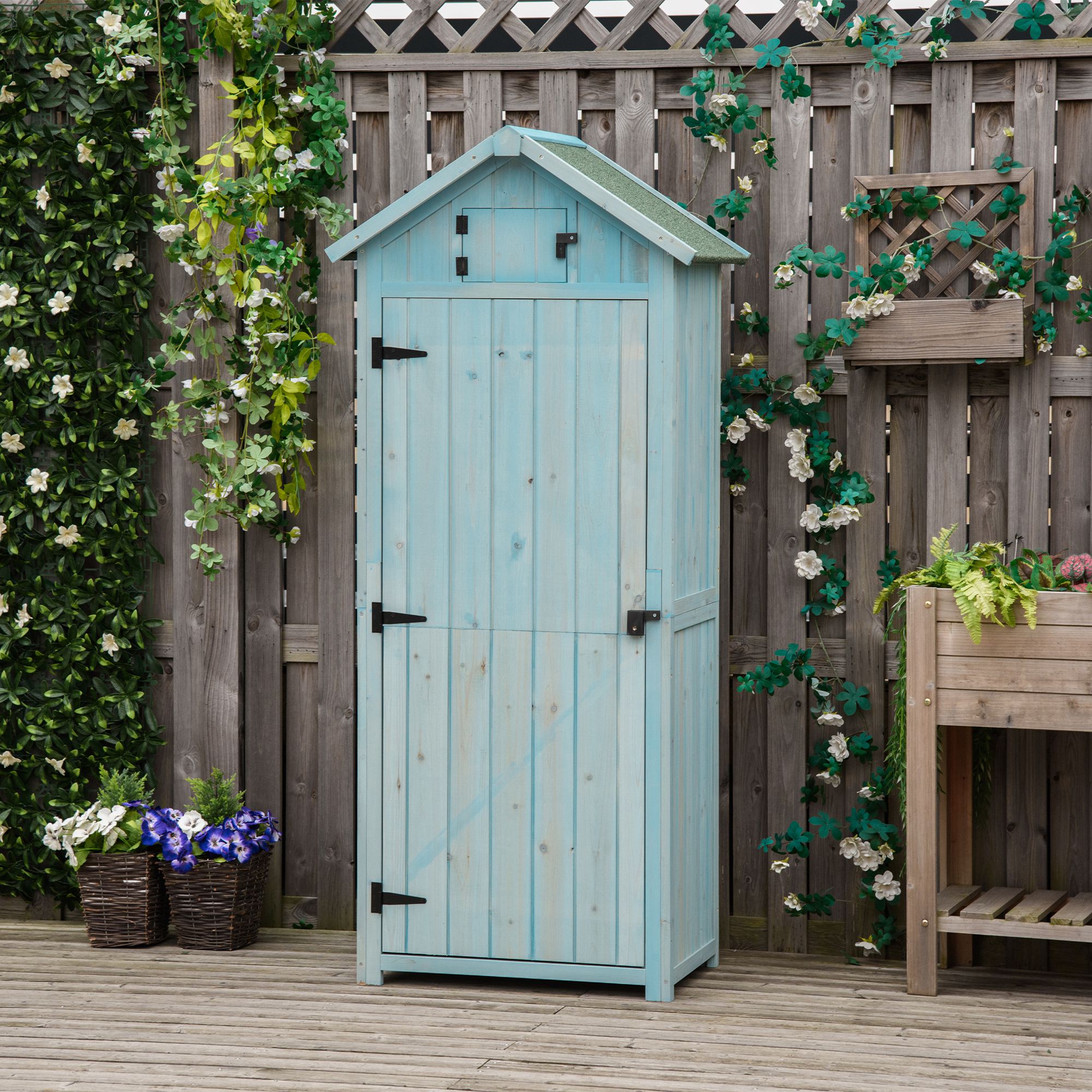 Armoire De Jardin En Bois Outsunny 91x69x192cm - Toit Asphalte, 2 Fenêtres, étagère, Porte Verrouillable - 9