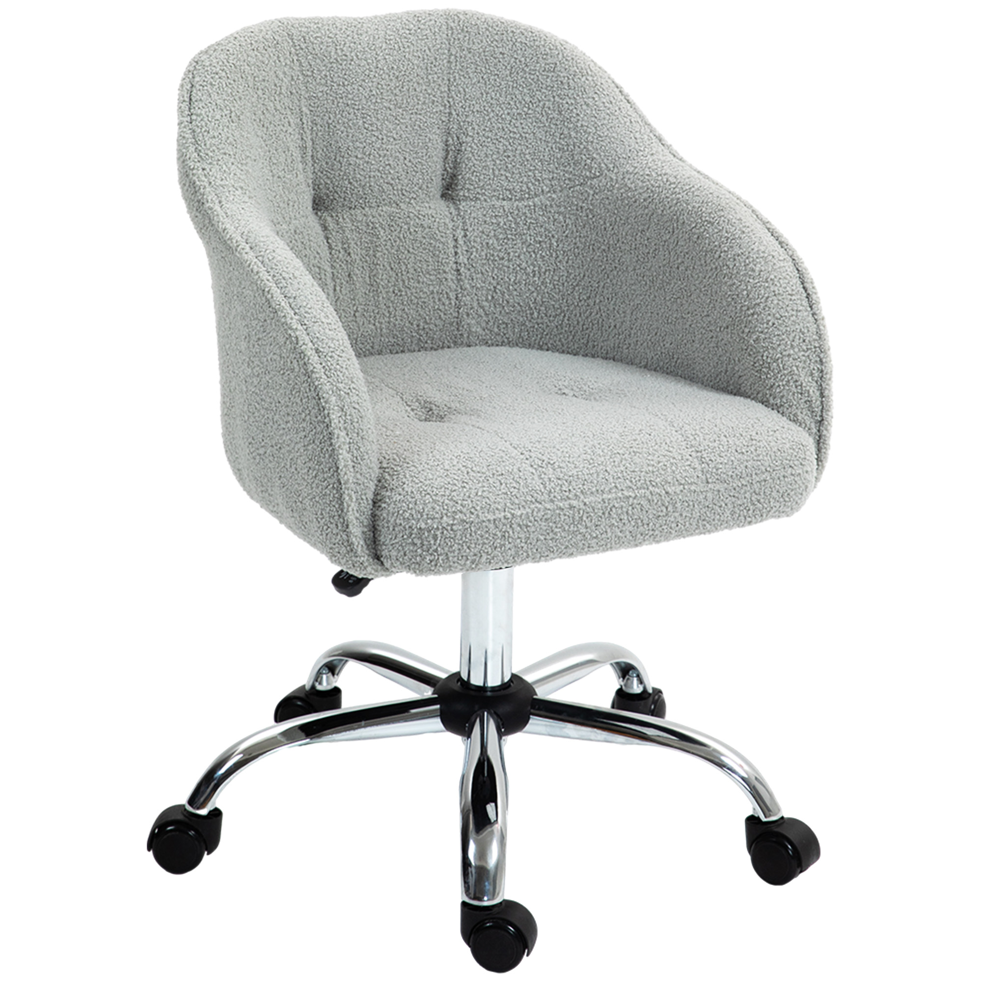 HOMCOM Swivel Armchair withTall Back, Teddy Fleece Office Chair, Makeup Vanity Chair with Height Adjustable, Wheels, for Home Study, Grey | Aosom