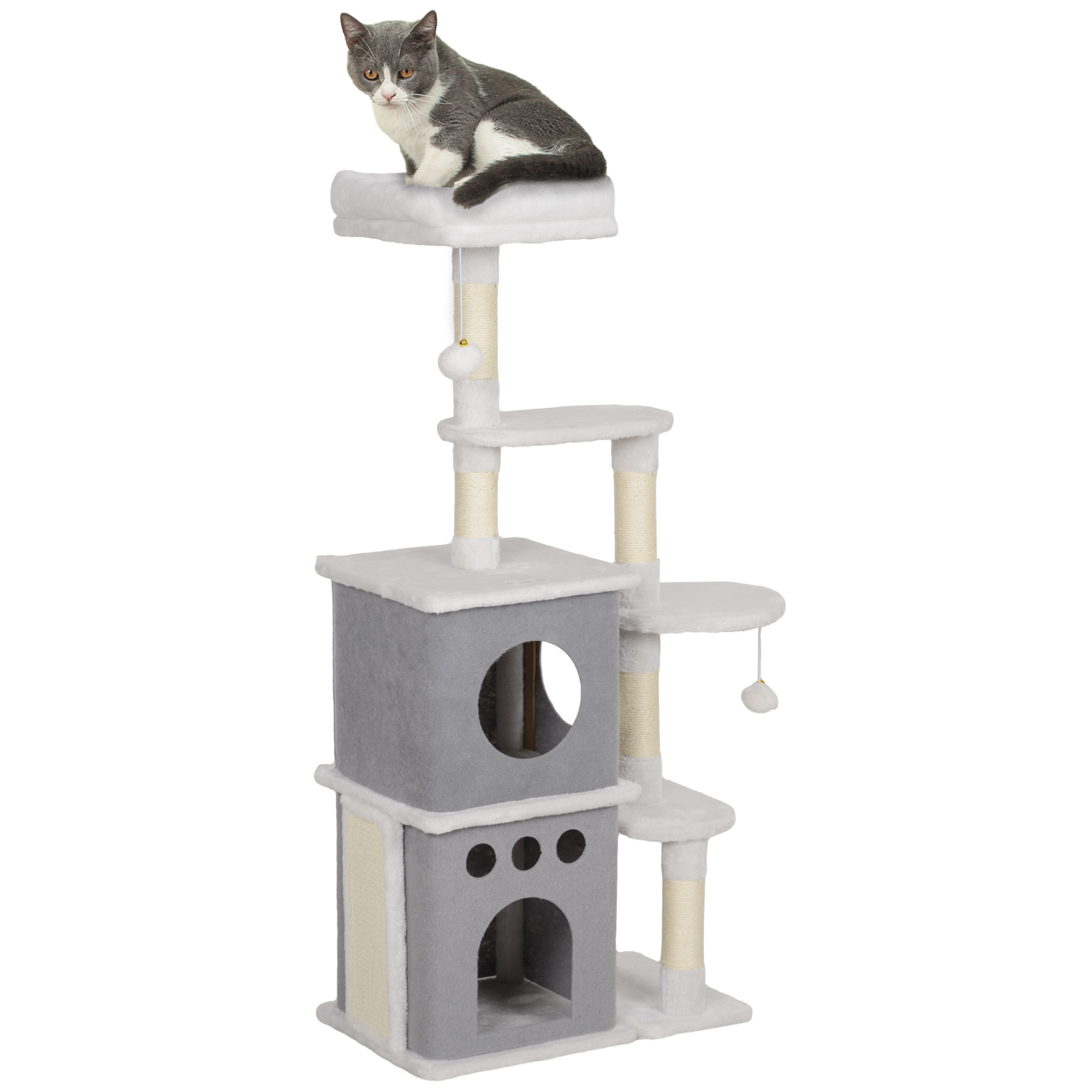 PawHut Rascador para Gatos 126 cm Torre para Gatos con Nidos Plataformas Bolas Colgantes y Postes de Sisal Crema