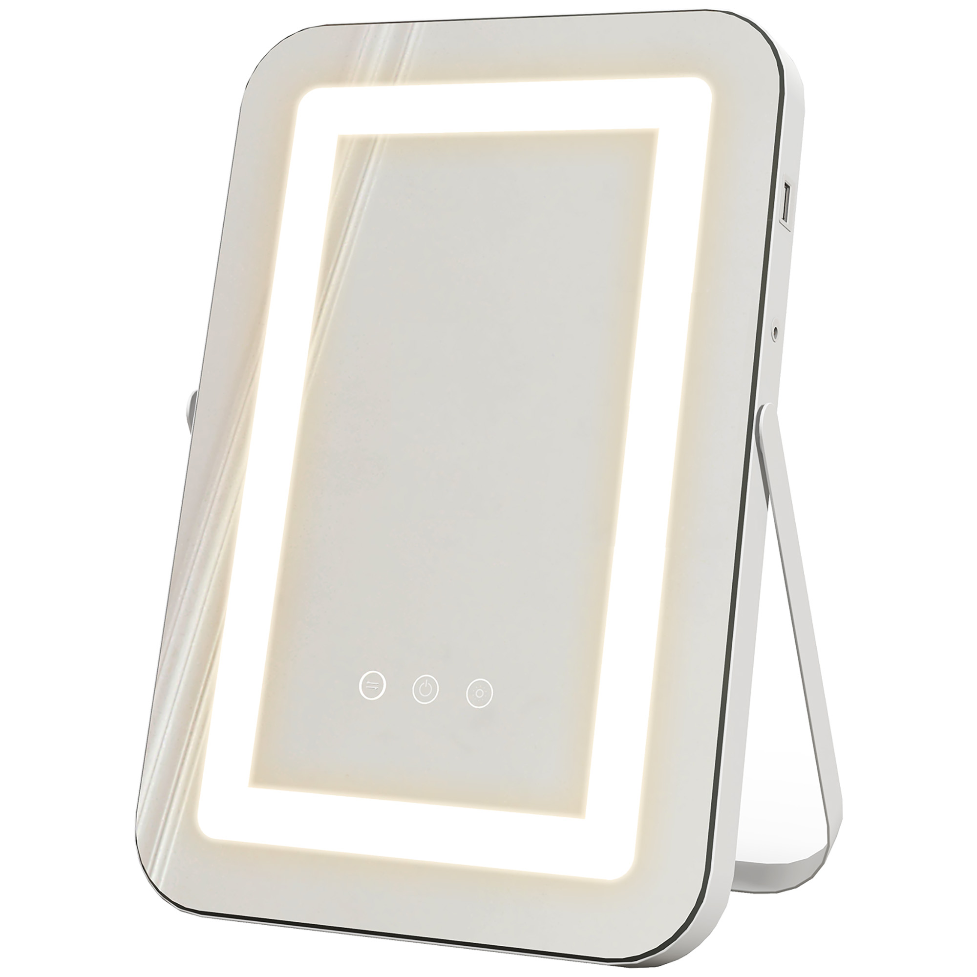 HOMCOM Specchio Trucco con Luci Regolabili a 3 Colori, Presa USB e Specchietto Ingranditore 10x, 31x41.5x3cm, Bianco