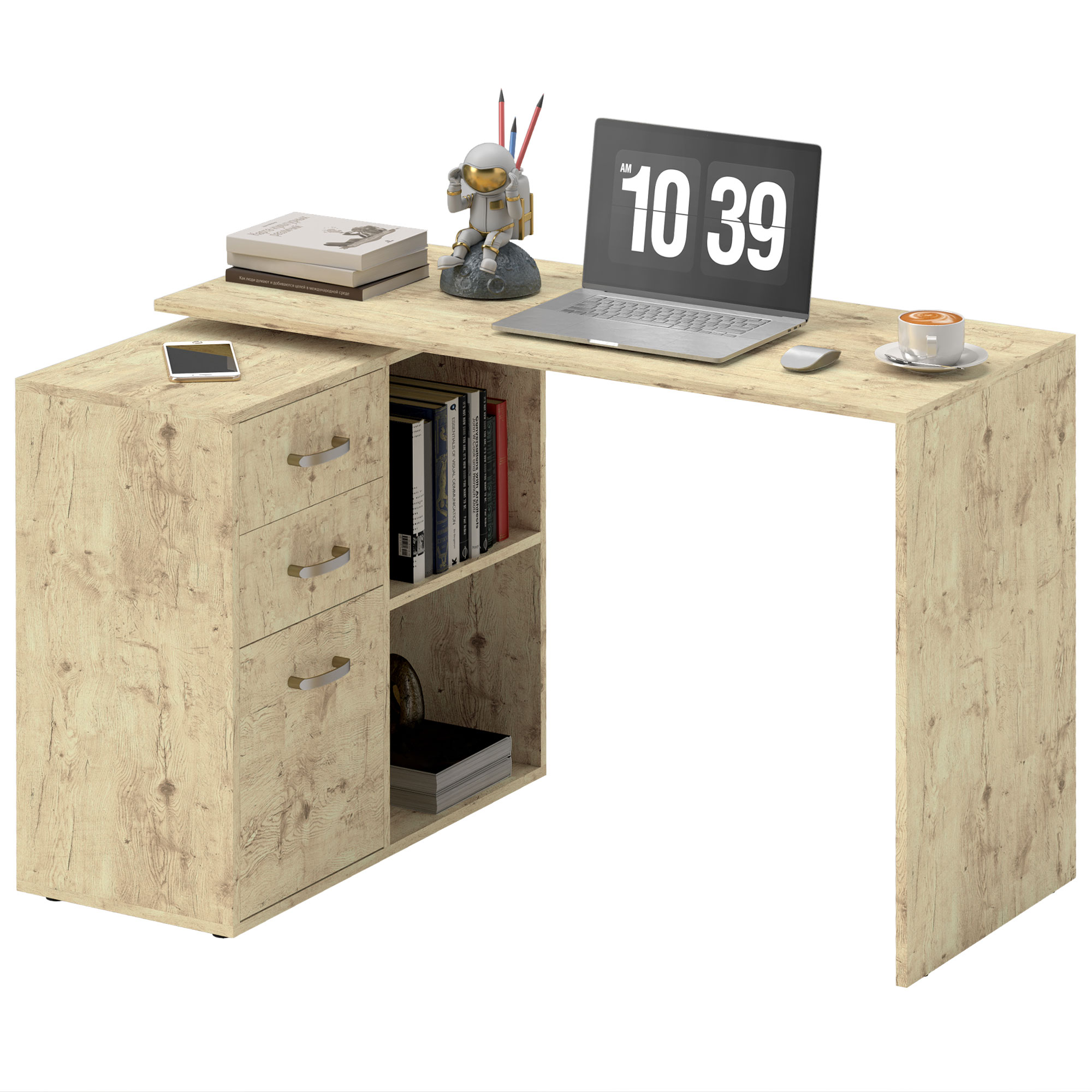 HOMCOM Scrivania Angolare per PC con 3 Cassetti e Ripiani Aperti, in Legno e Metallo, 117x83.5x76 cm, Noce