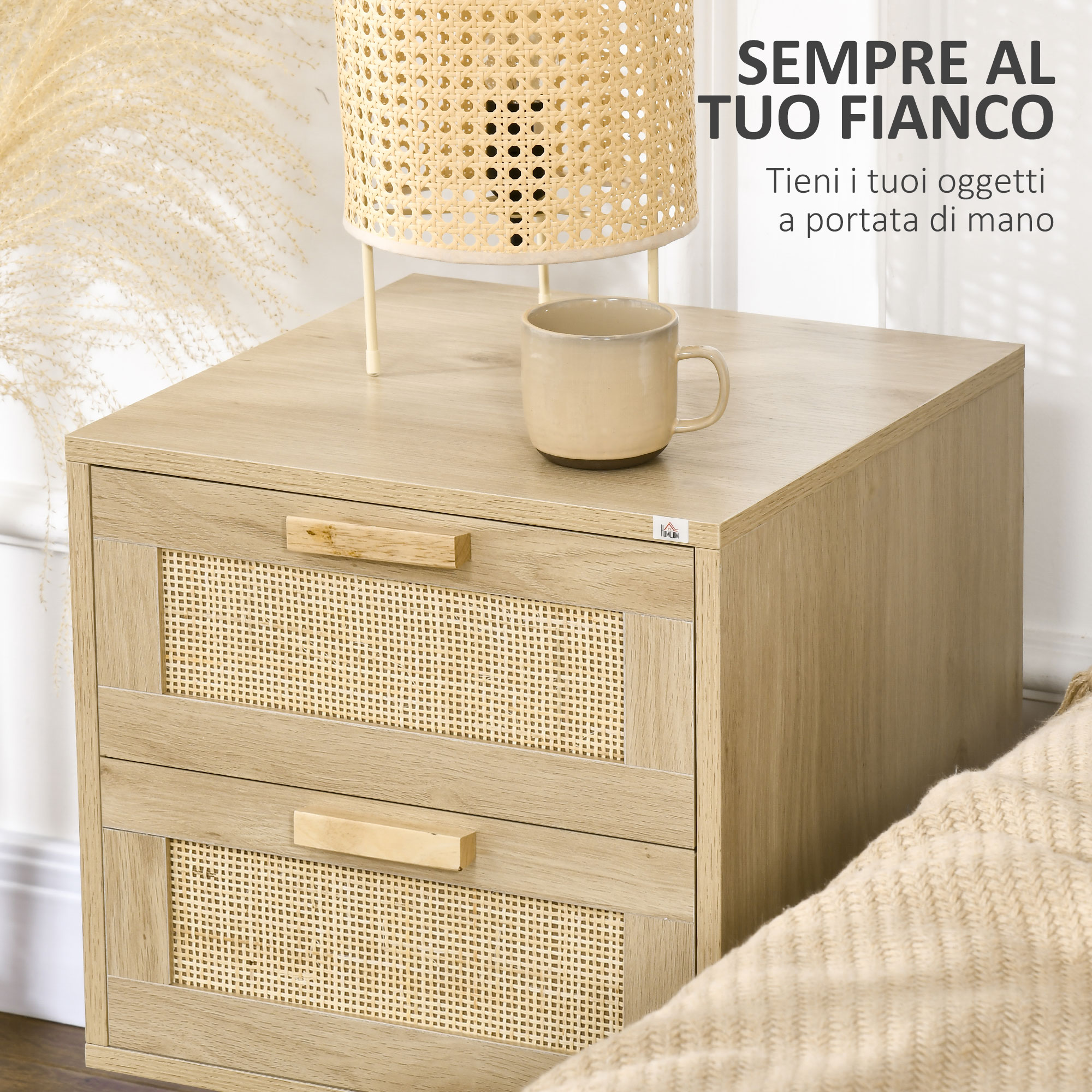 YAUKOMEL Set di 2 comodini in rattan, con cassetti decorati in rattan fatti a mano, comodino bohémien, tavolino in legno con spazio per piccoli spazi, soggiorno, camera da letto, naturale, CTG59Y-2