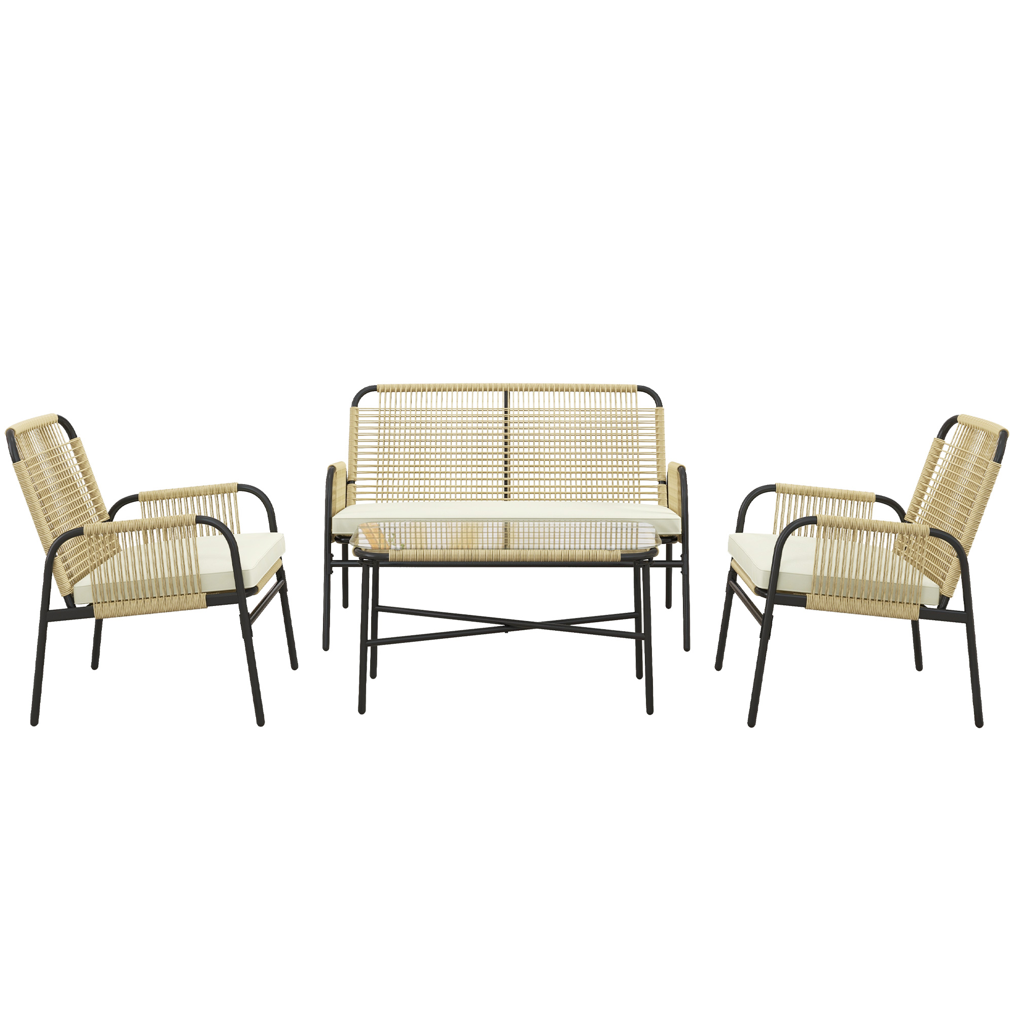 Outsunny Salotto da Giardino in Rattan PE con Divanetto e 2 Poltrone con Cuscini, Tavolino in Vetro, Giallo Aosom