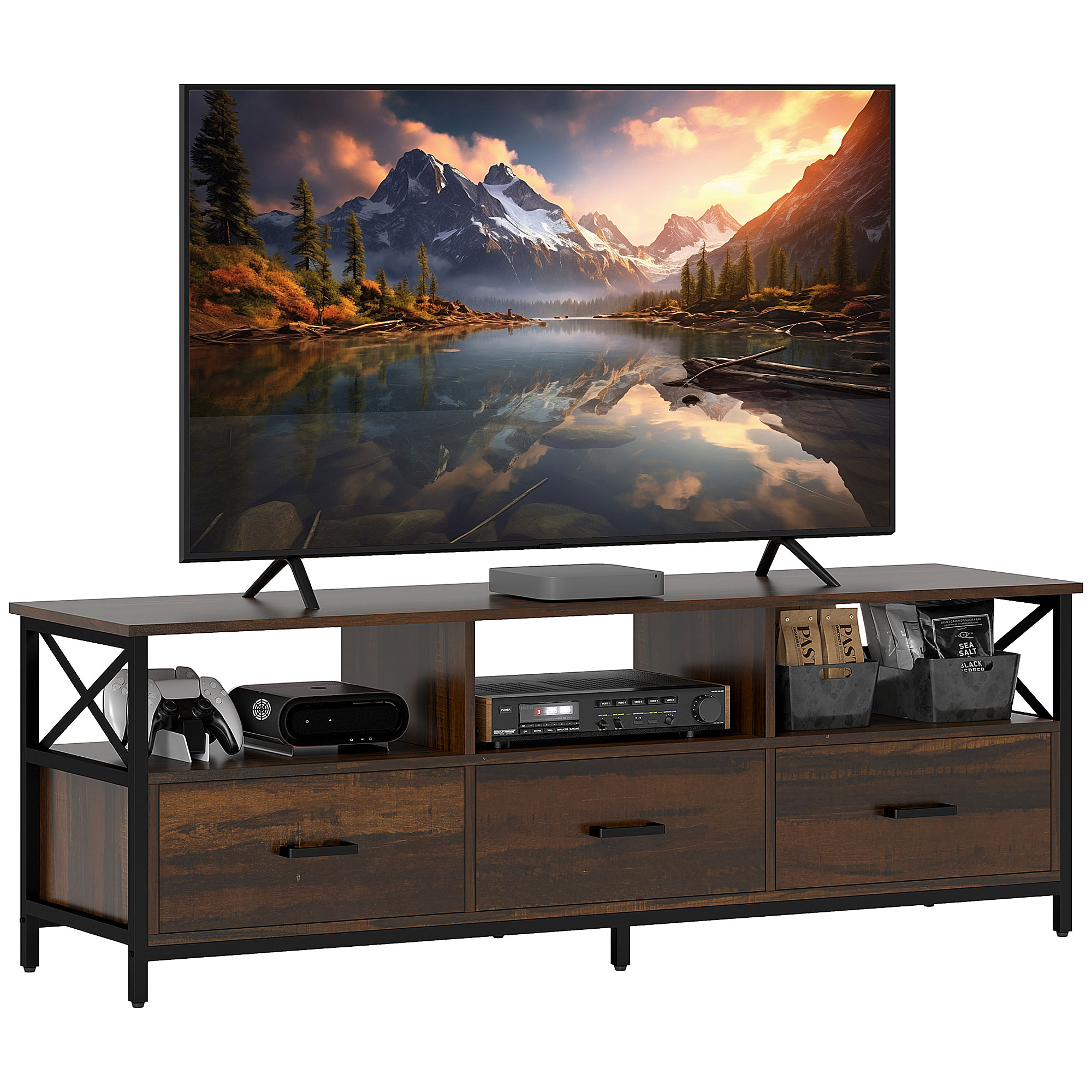 HOMCOM Mobile TV Industriale con 3 Cassetti e 3 Ripiani Aperti, in Legno e Acciaio, 147x40x50 cm, Nero e Marrone