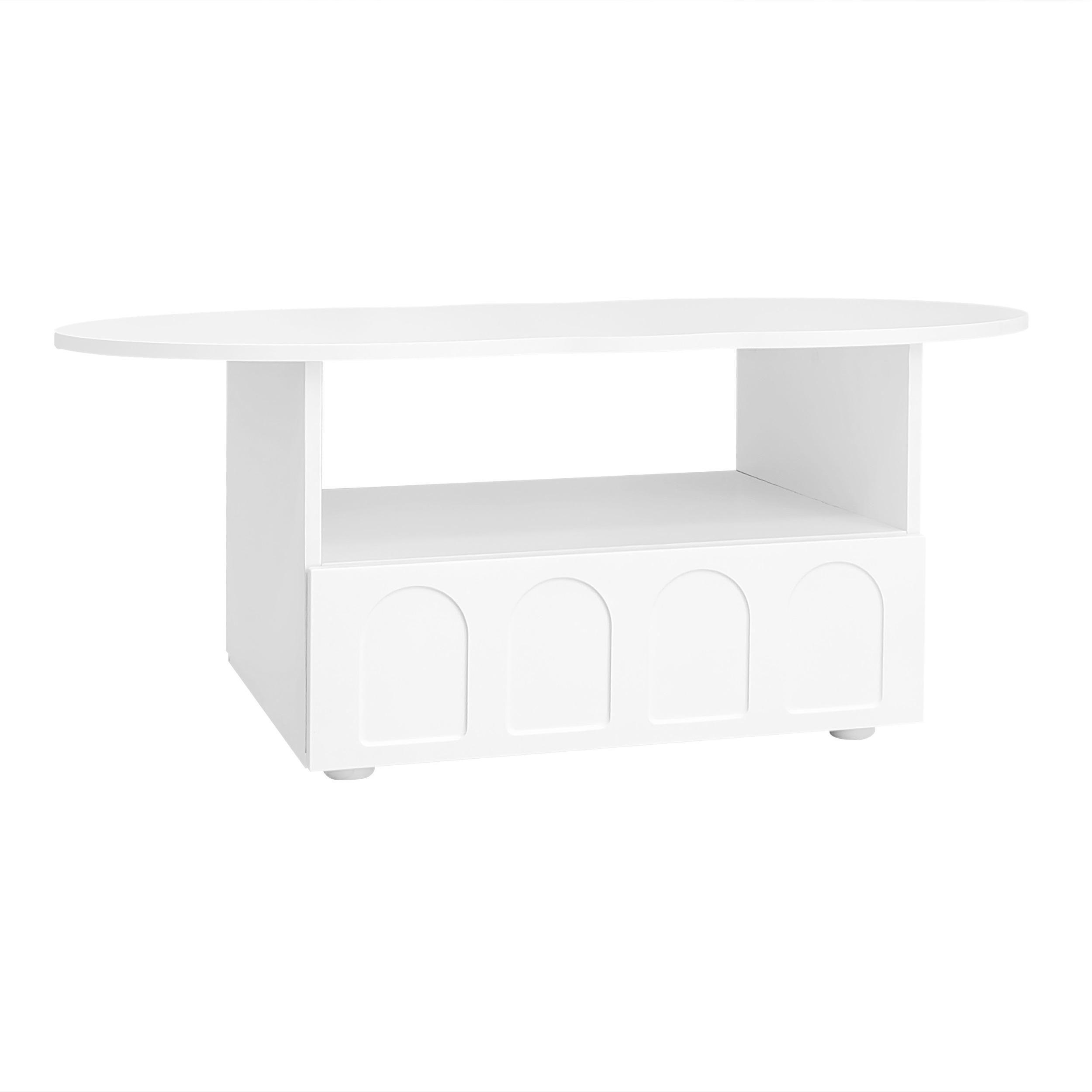 Mesa de centro con forma de nube con cajones y compartimentos de almacenamiento, mecanismo de pulsar para abrir, Blanca
