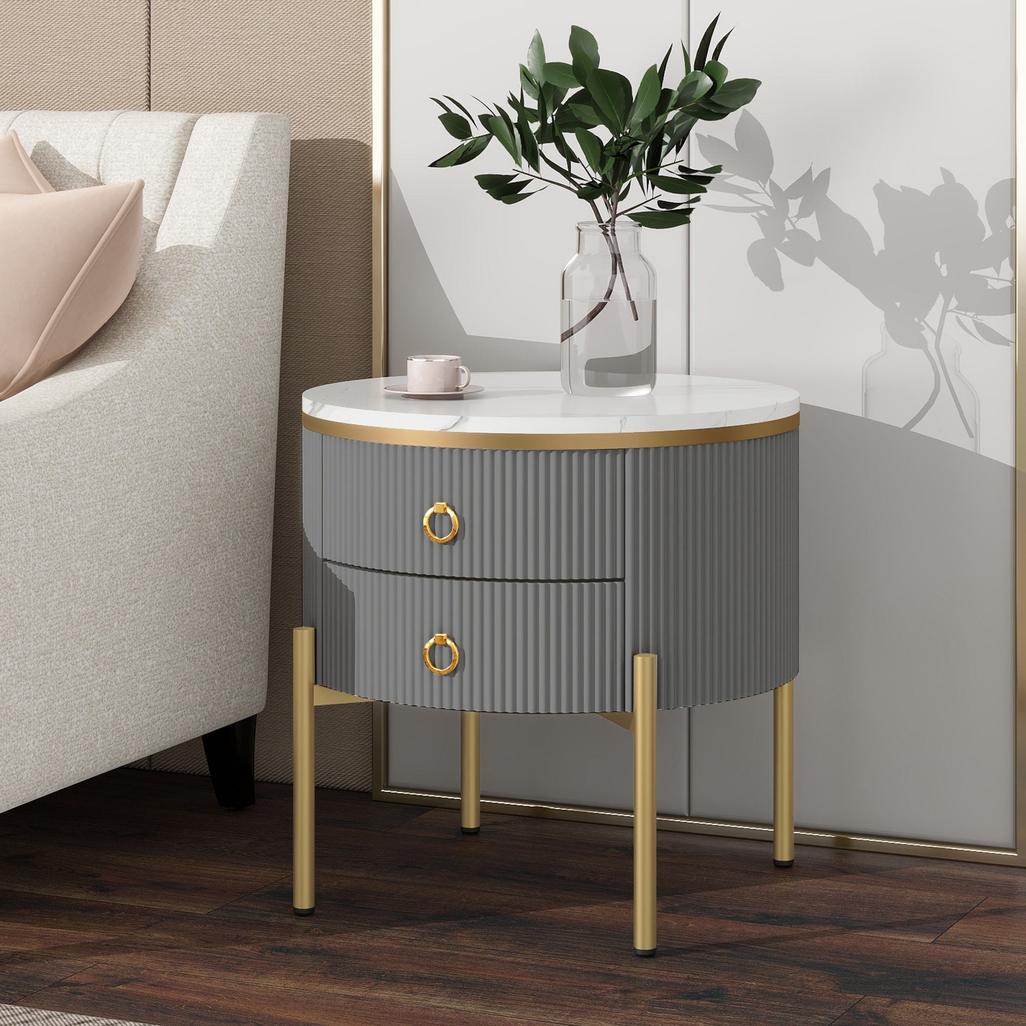 Tavolino con cassetti, texture di marmo, gambe e maniglie dorate,  50×50×51 cm, Grigio