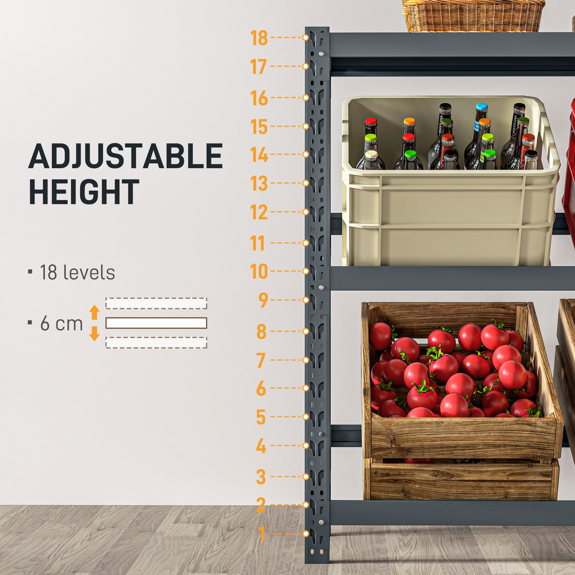  Raft Autoportant pentru 6 Lazi de Bauturi cu 3 Niveluri cu Polite Ajustabile, 110x30x110cm, Gri [6]