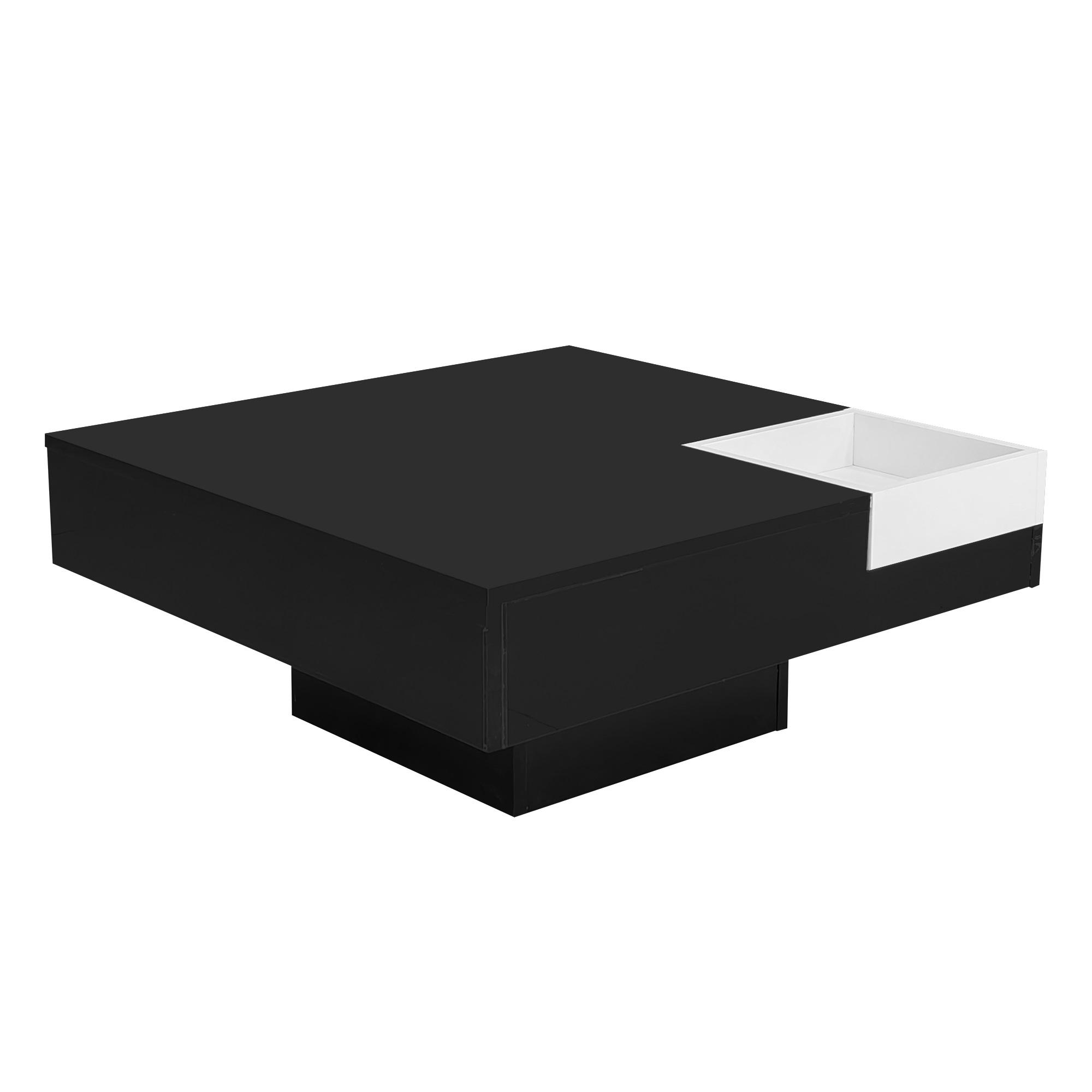 Mesa de centro de alto brillo, mesa de salón con caja de almacenamiento extraíble y efecto luminoso LED, 72×72×30 cm, Negro