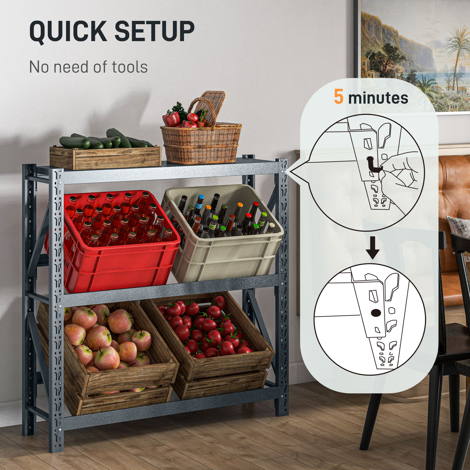  Raft Autoportant pentru 6 Lazi de Bauturi cu 3 Niveluri cu Polite Ajustabile, 110x30x110cm, Gri [3]