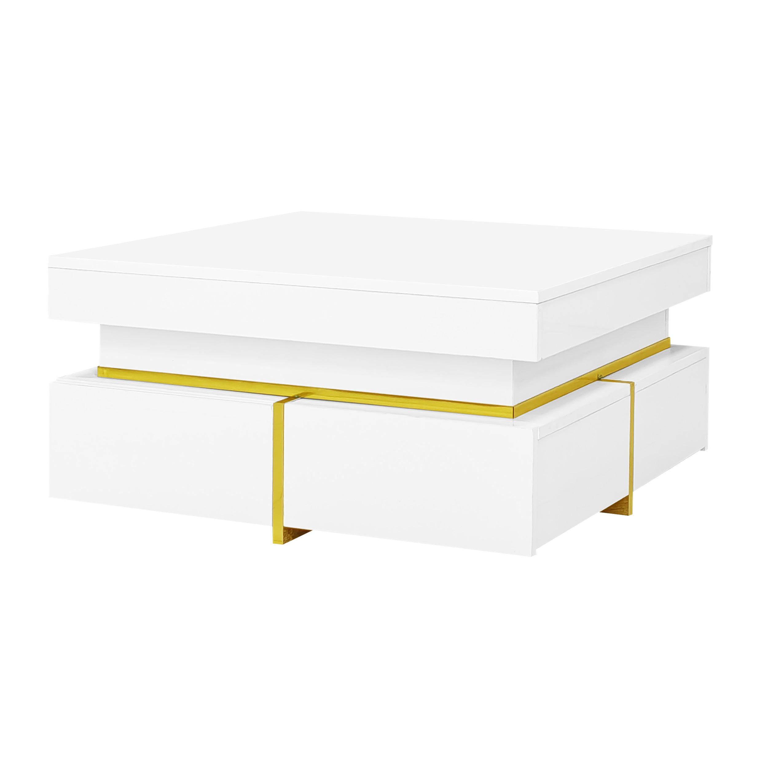 Mesa de centro lacada brillante con cajones y detalles dorados, Blanco