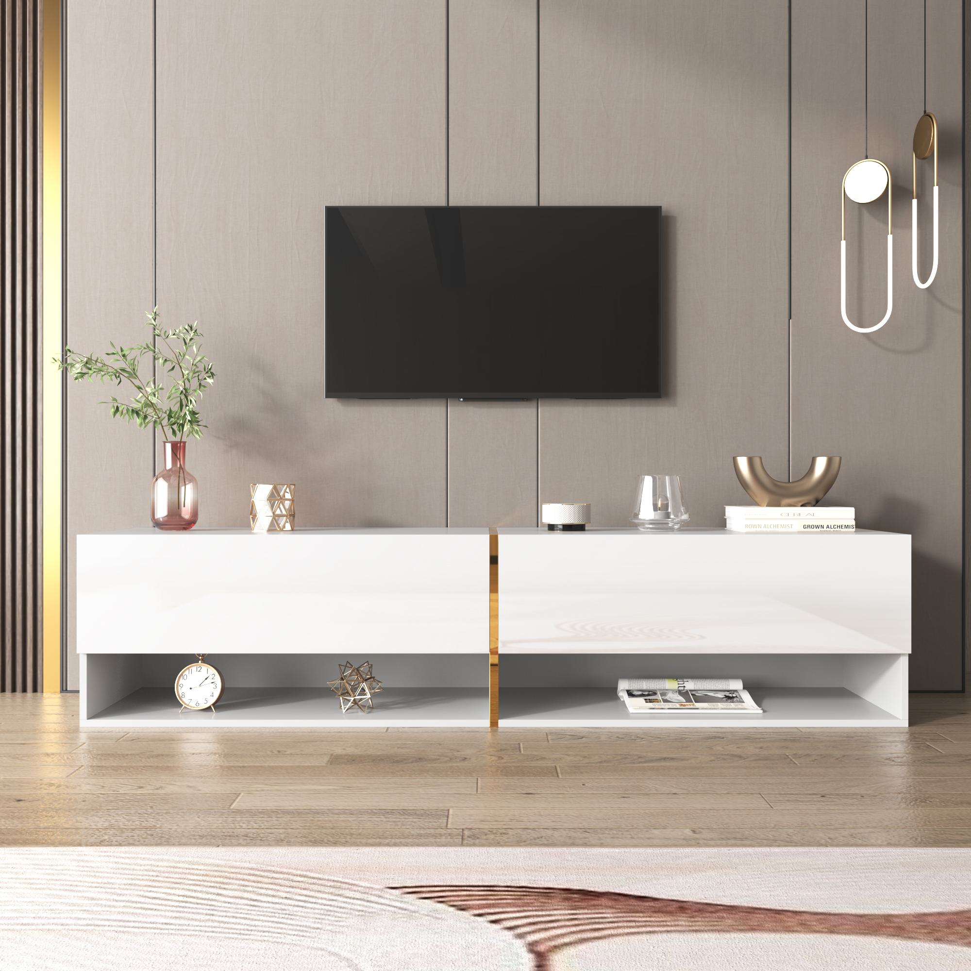 Mobile TV lucido, spazio di stoccaggio combinato, montato a parete/autoportante, 172×35×40 cm, Bianco