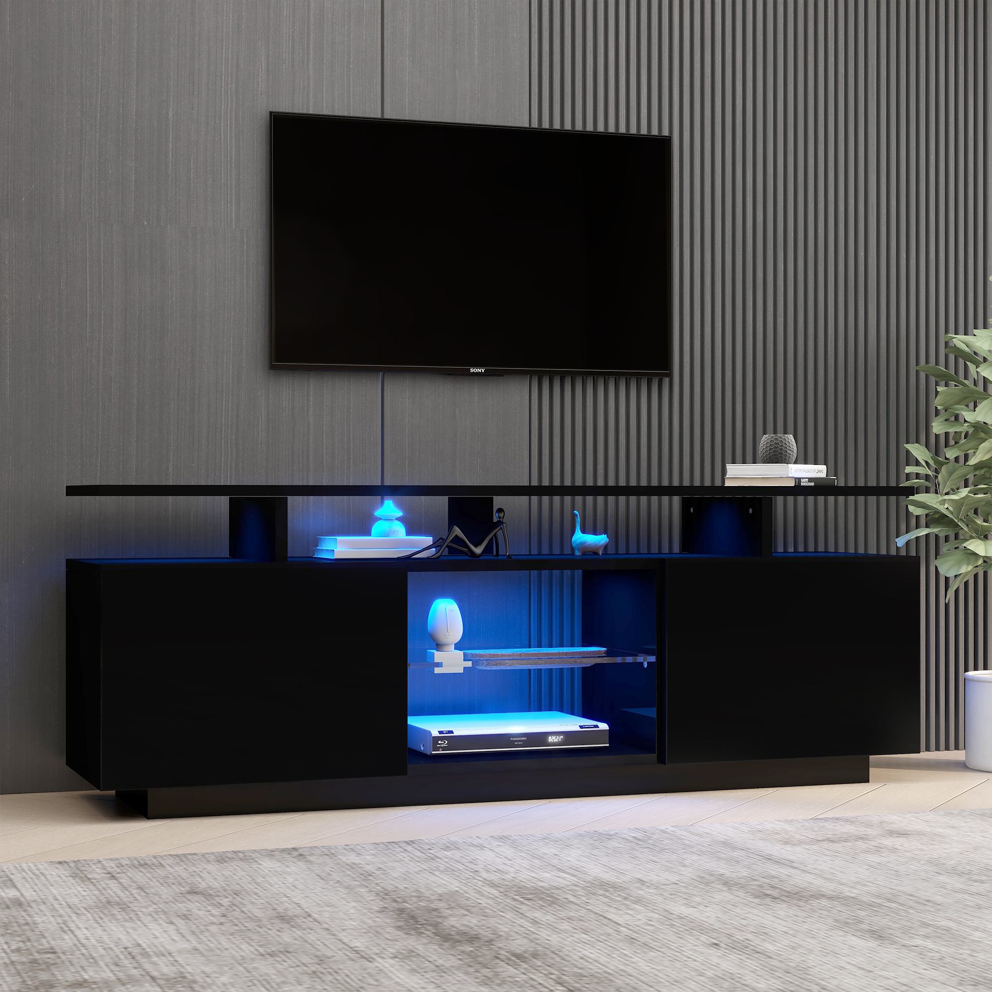 Mobile TV Moderno Con Luci LED Variabili E Antine In Vetro - 180x35x45 Cm, MDF, Nero, Portata 30kg