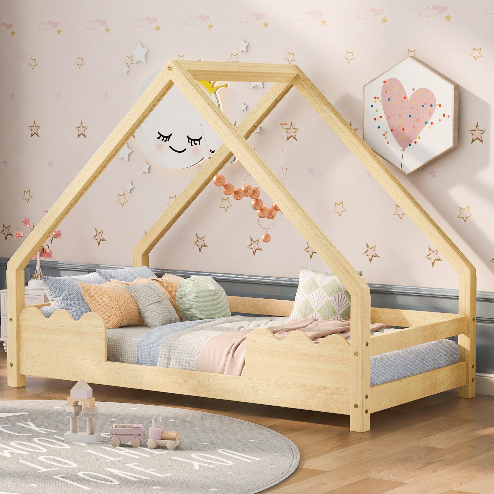 Letto per bambini a forma di casa 80×160 cm, incluso rete a doghe, con protezione anticaduta, in legno massello, Naturale