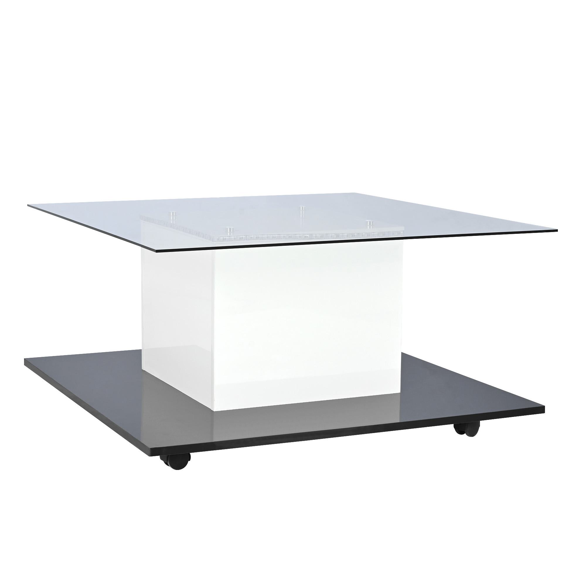 Mesa de centro moderna de vidrio brillante con tira LED regulable y ruedas, 80×80×40 cm, Blanco+Negro