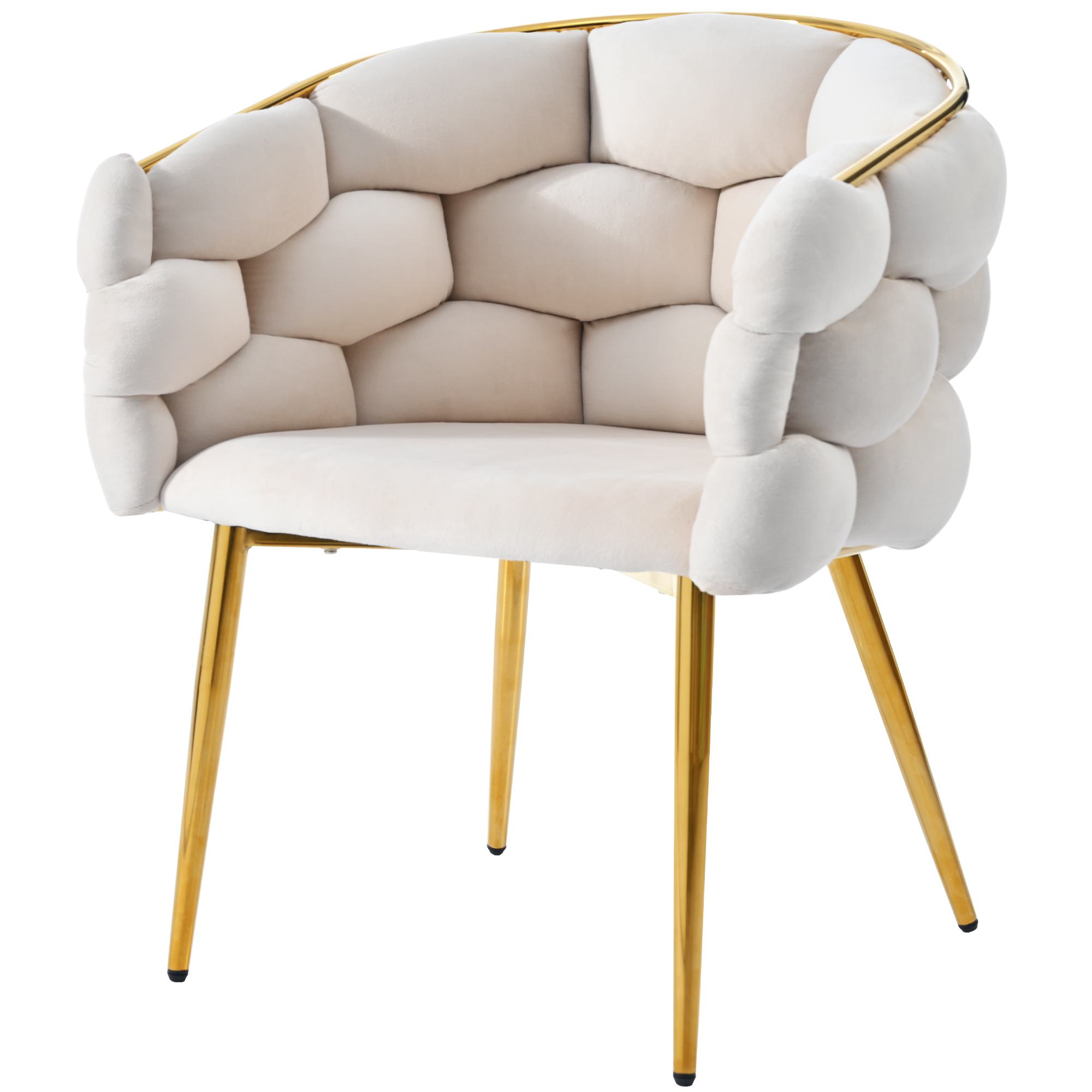 Silla de terciopelo de lujo con respaldo dorado brillante, protección dorsal cómoda, tapizado en terciopelo suave y soportes ajustables para las patas delanteras, 62x47x80 cm, Beige
